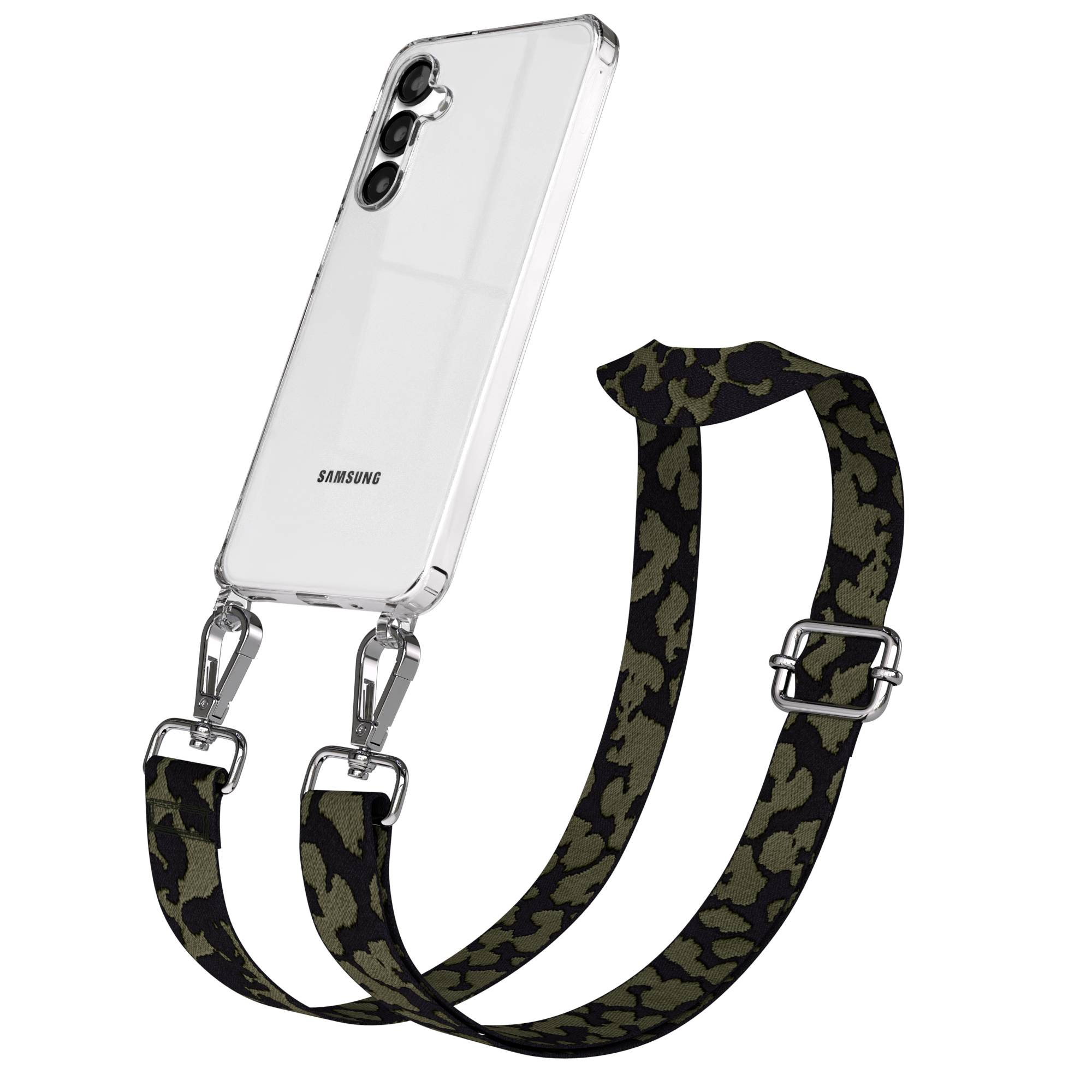 Klares Samsung-Handy mit Tarnmuster-Riemen, der über silberne Clips an der Hülle befestigt ist.