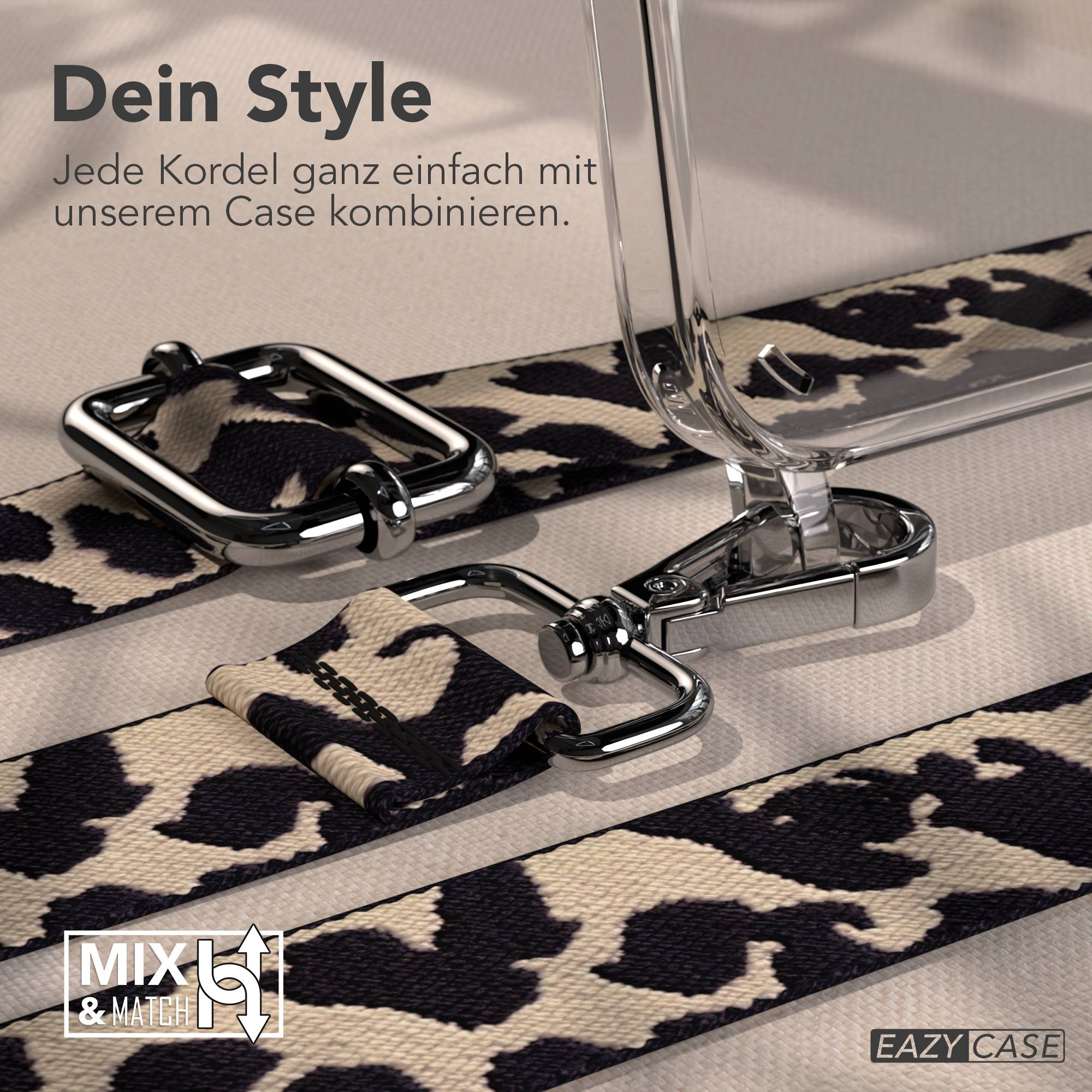 Ein durchsichtiges Handyhülle mit einem Leopardenmuster-Gurt mit Metallbeschlägen.
