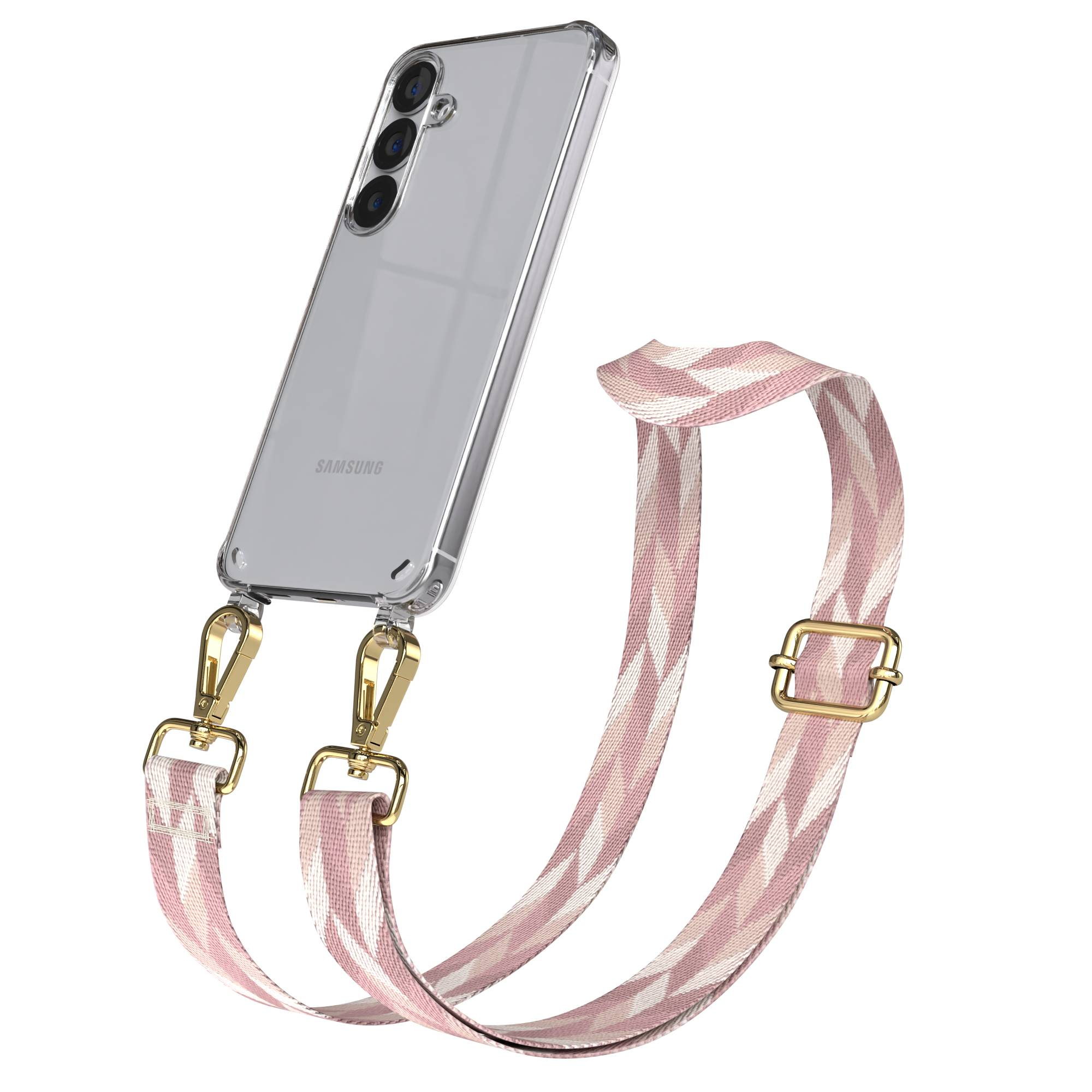Eine durchsichtige Handyhülle mit einem pink gemusterten Riemen und goldenen Verschlüssen.