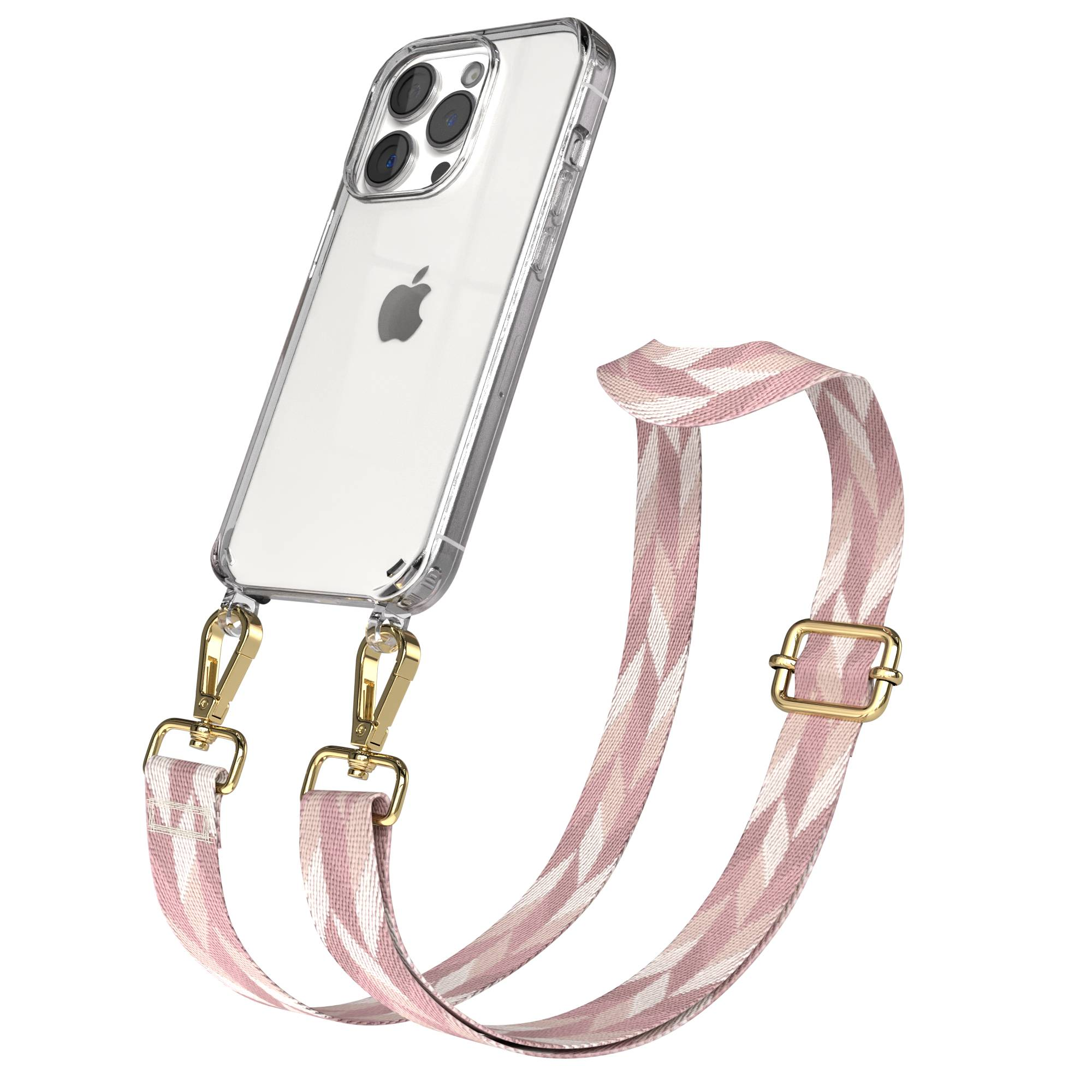 Ein transparentes iPhone-Case mit einem pinken, gemusterten Tragegurt und goldenen Clips.