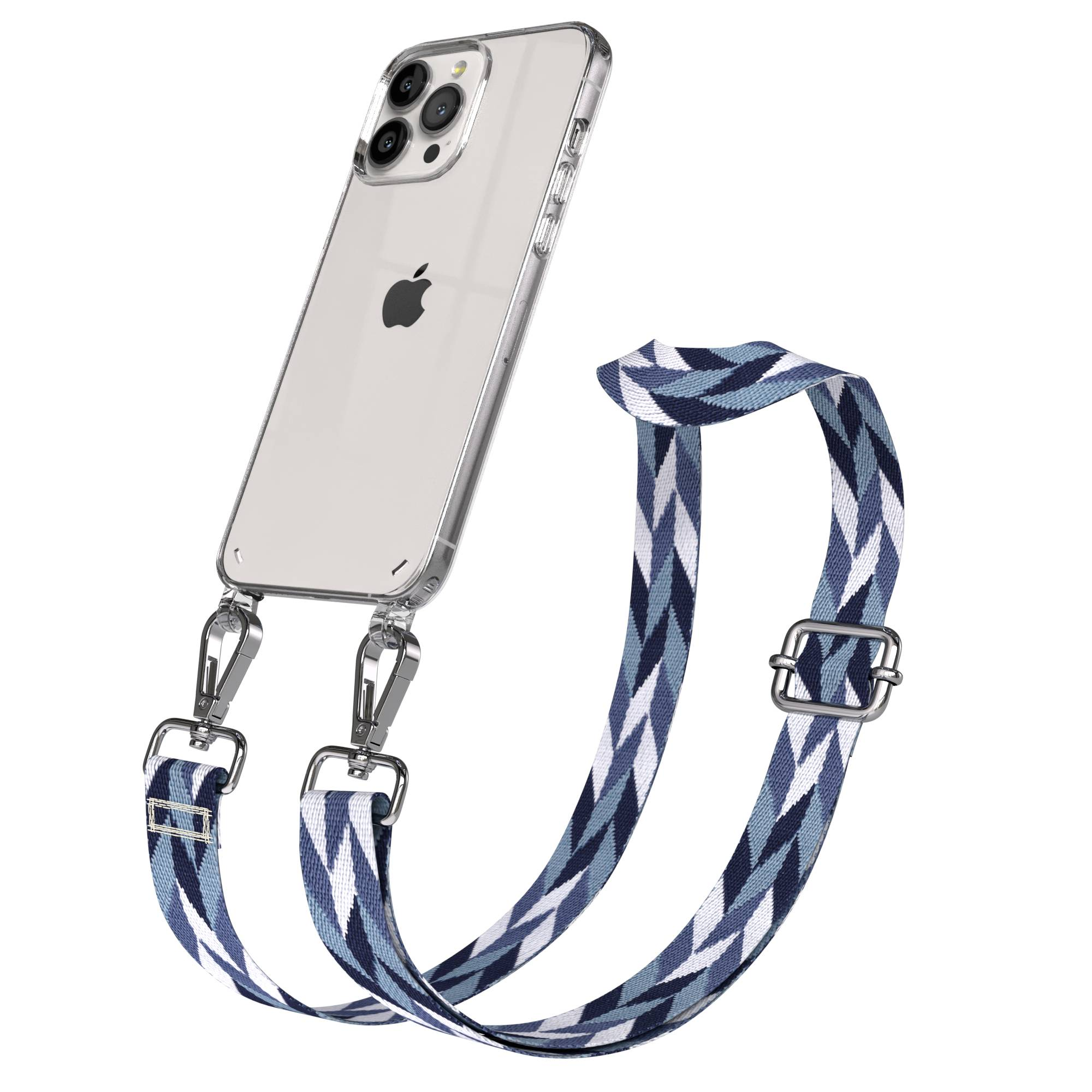 Ein transparentes iPhone mit einem blauen und weißen Gurt.