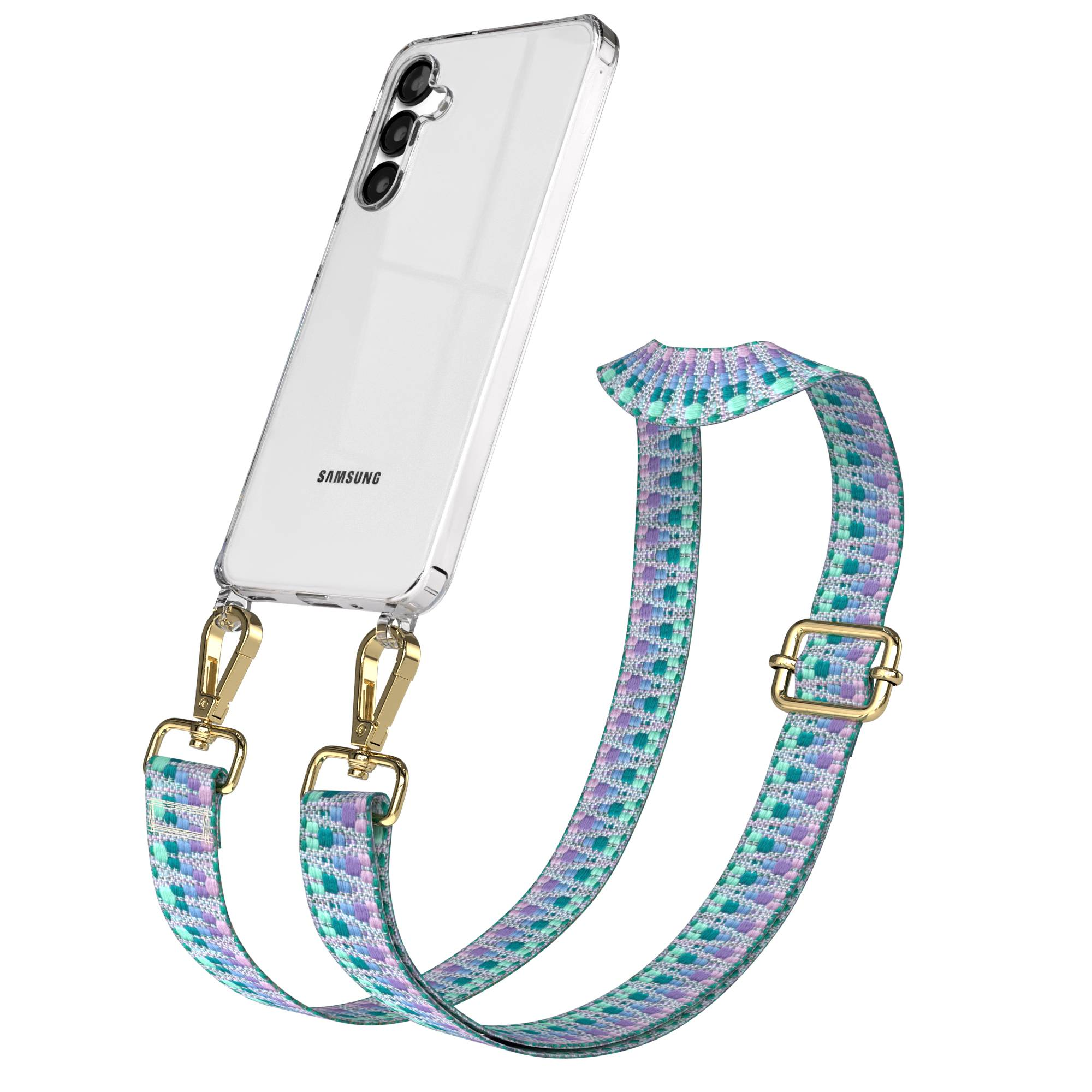 Ein Samsung-Smartphone in einer transparenten Hülle mit einem bunten Gurt.
