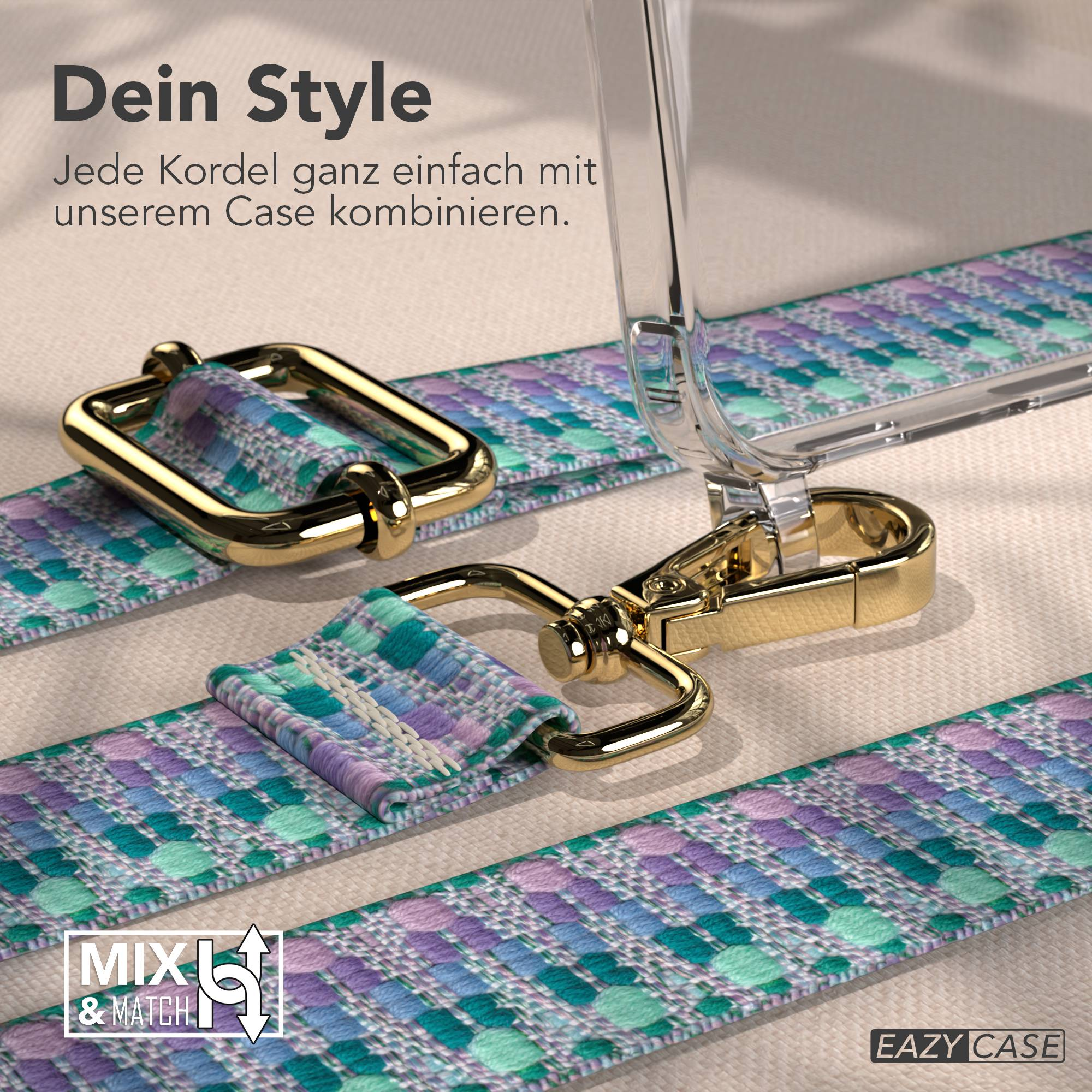 Ein durchsichtiges Handyhülle mit einem bunten Band und goldenen Schnallen.