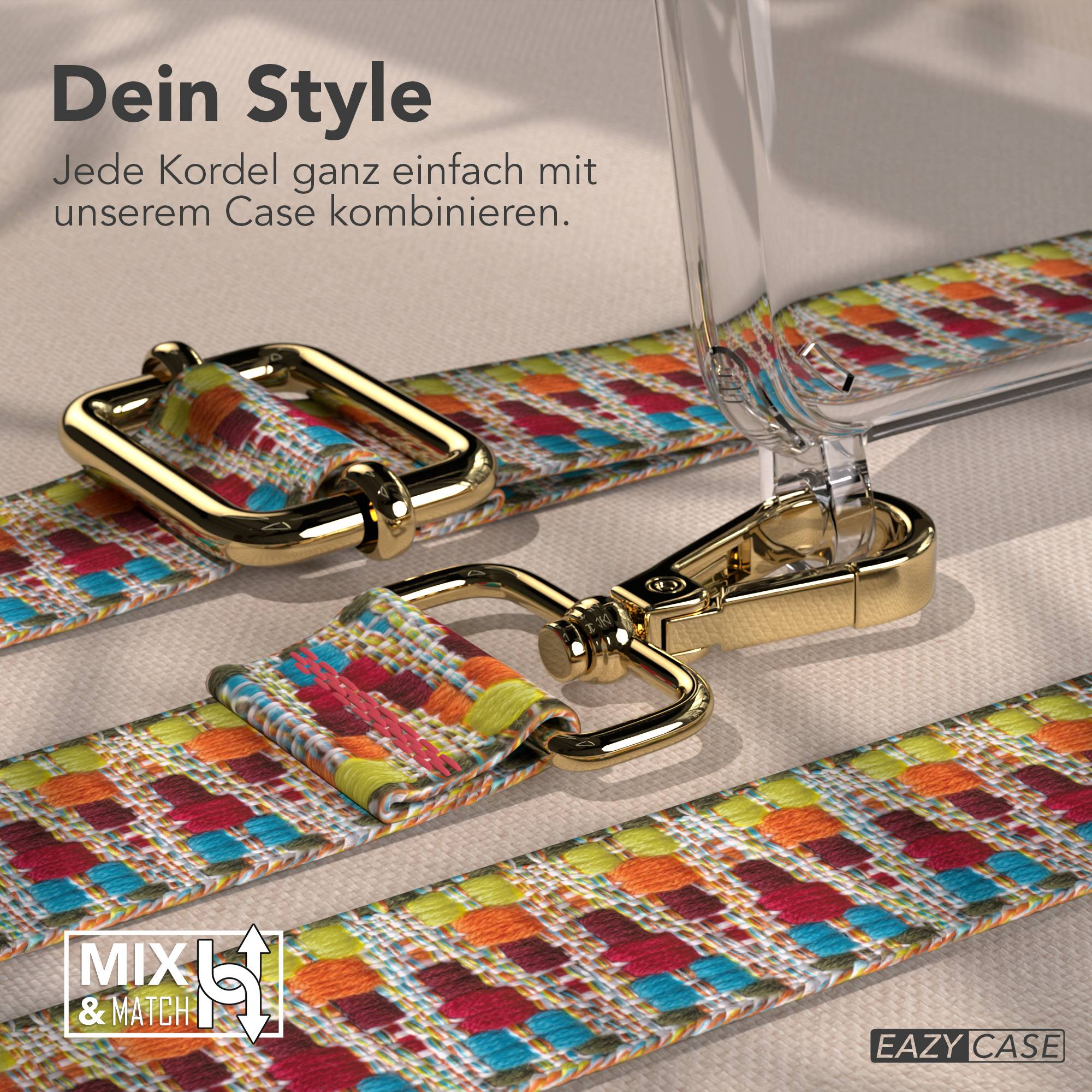 Bunter Gurt mit goldenen Schnallen und einem transparenten Case.