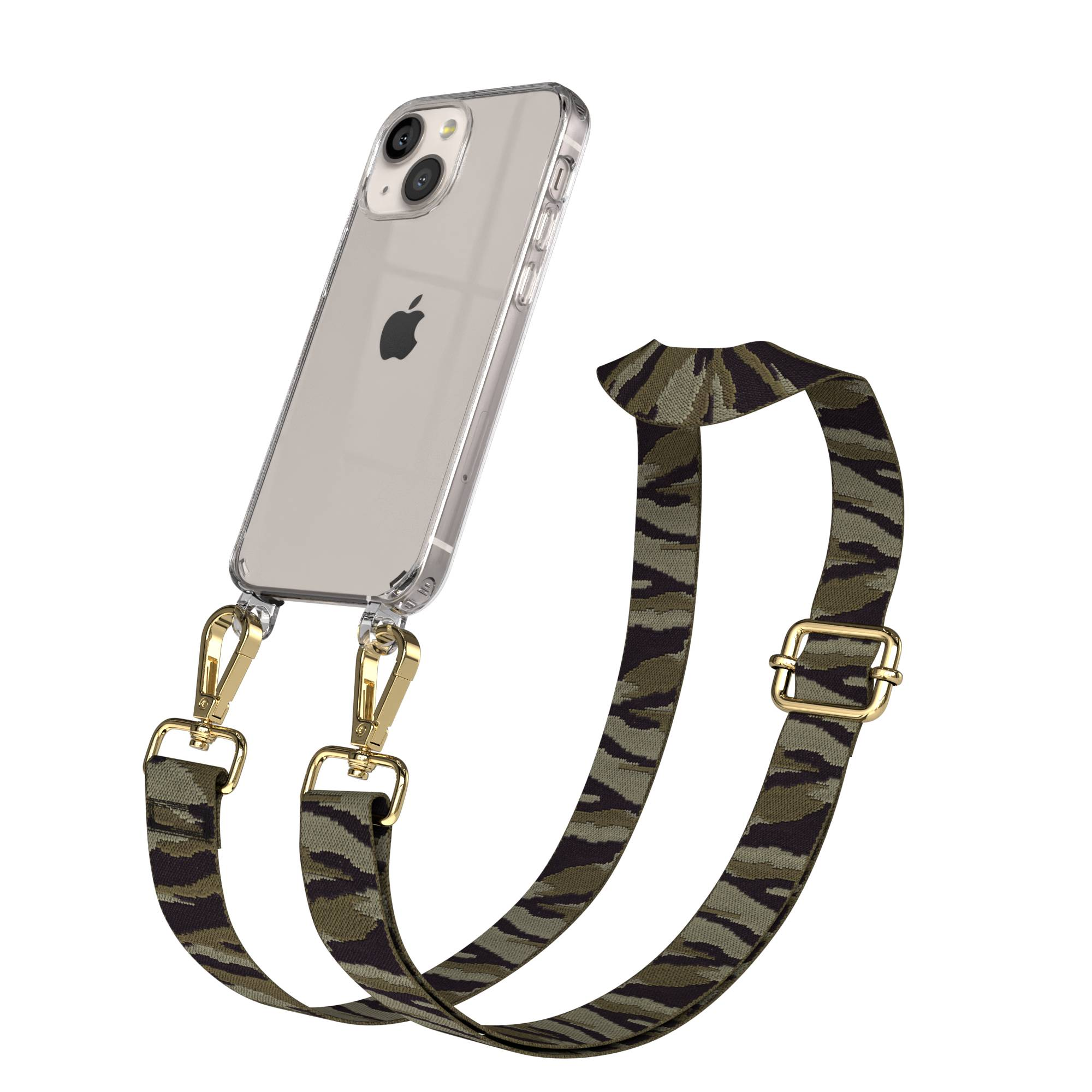 Eine durchsichtige Handyhülle mit Camouflage-Riemen und goldener Hardware.