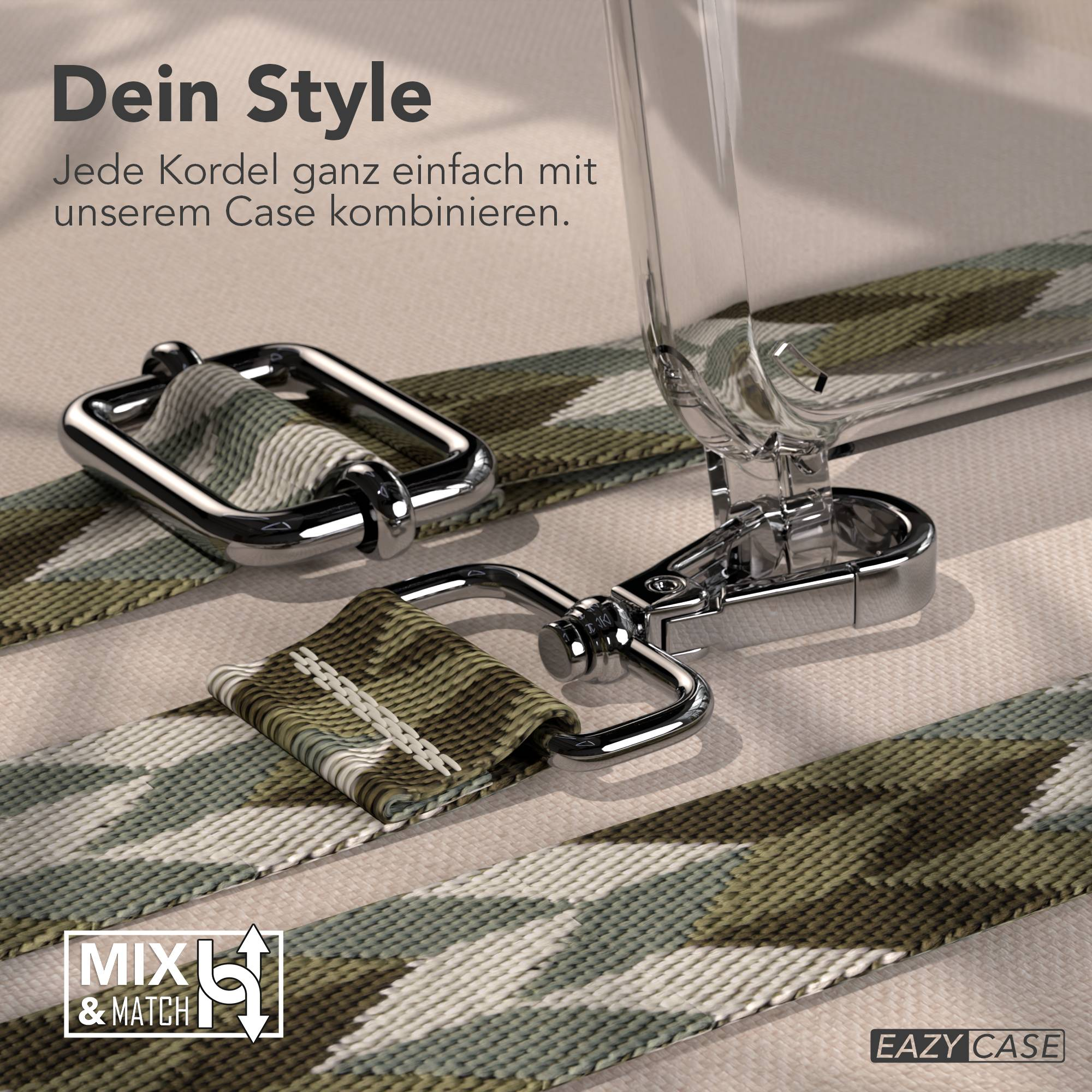 Ein Camouflage-Kordelband mit silbernen Schnallen und einem transparenten Handyhülle-Detail.