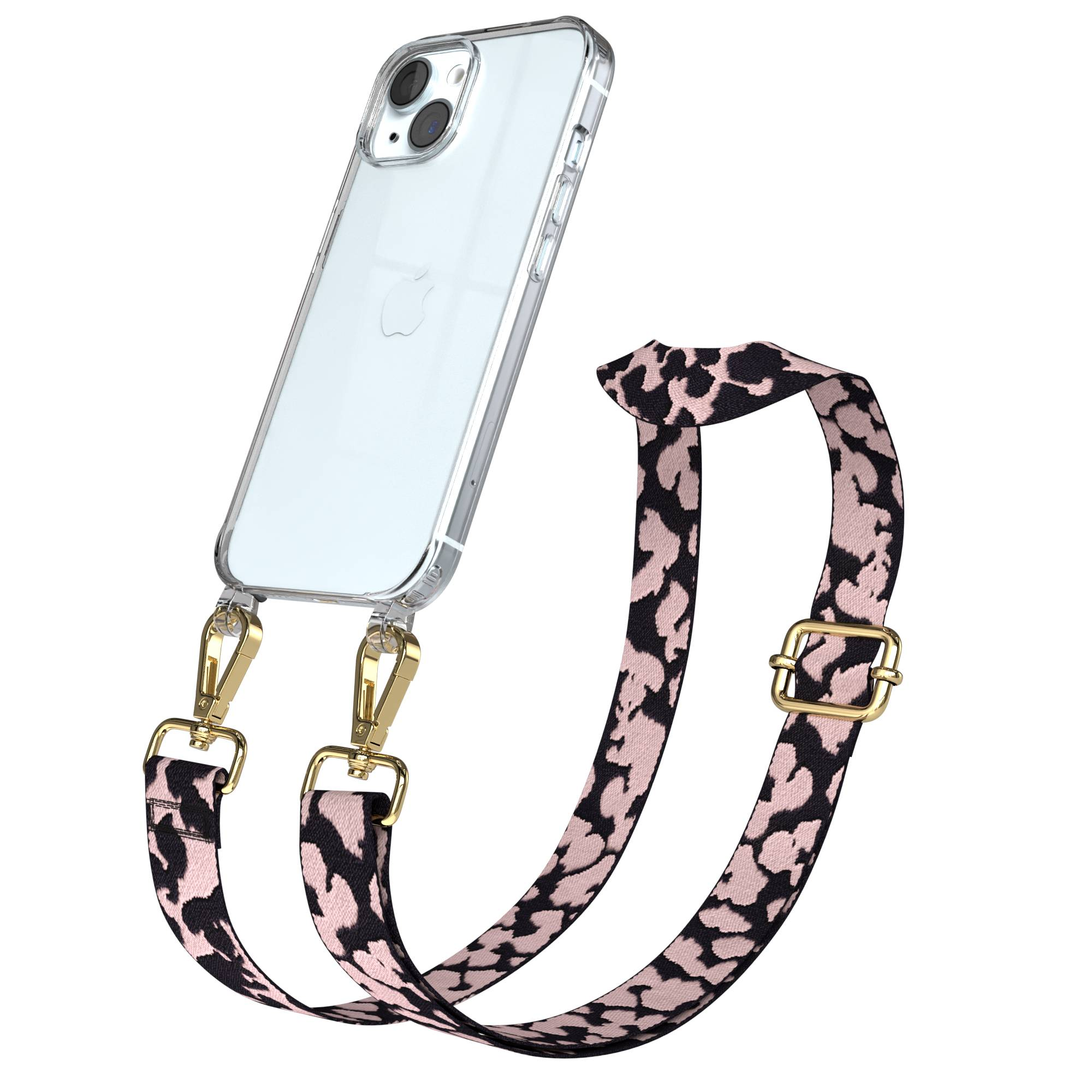 Ein transparentes Handy mit Leopardenmuster-Tragegurt und goldenen Beschlägen.