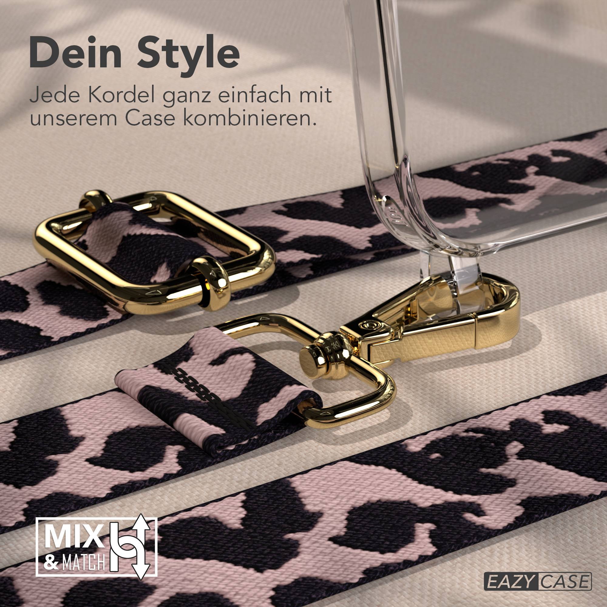 Leopardenmuster-Gurt mit goldener Hardware an einer Hülle befestigt.