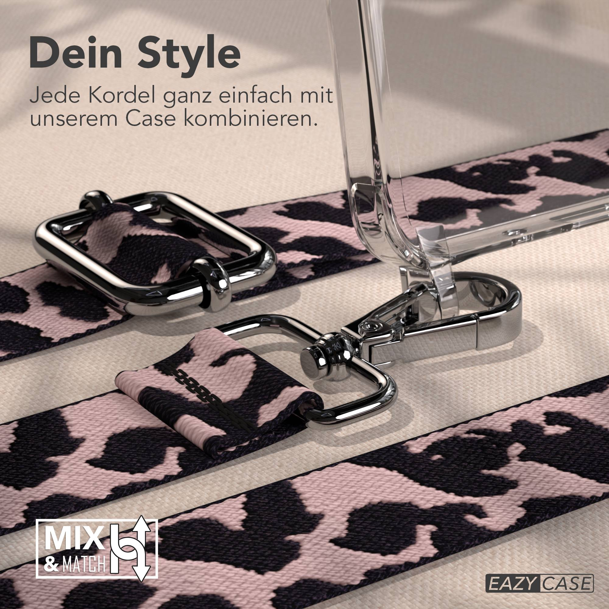 Ein Band mit Leopardenmuster und silberner Hardware wird an einer Hülle befestigt.