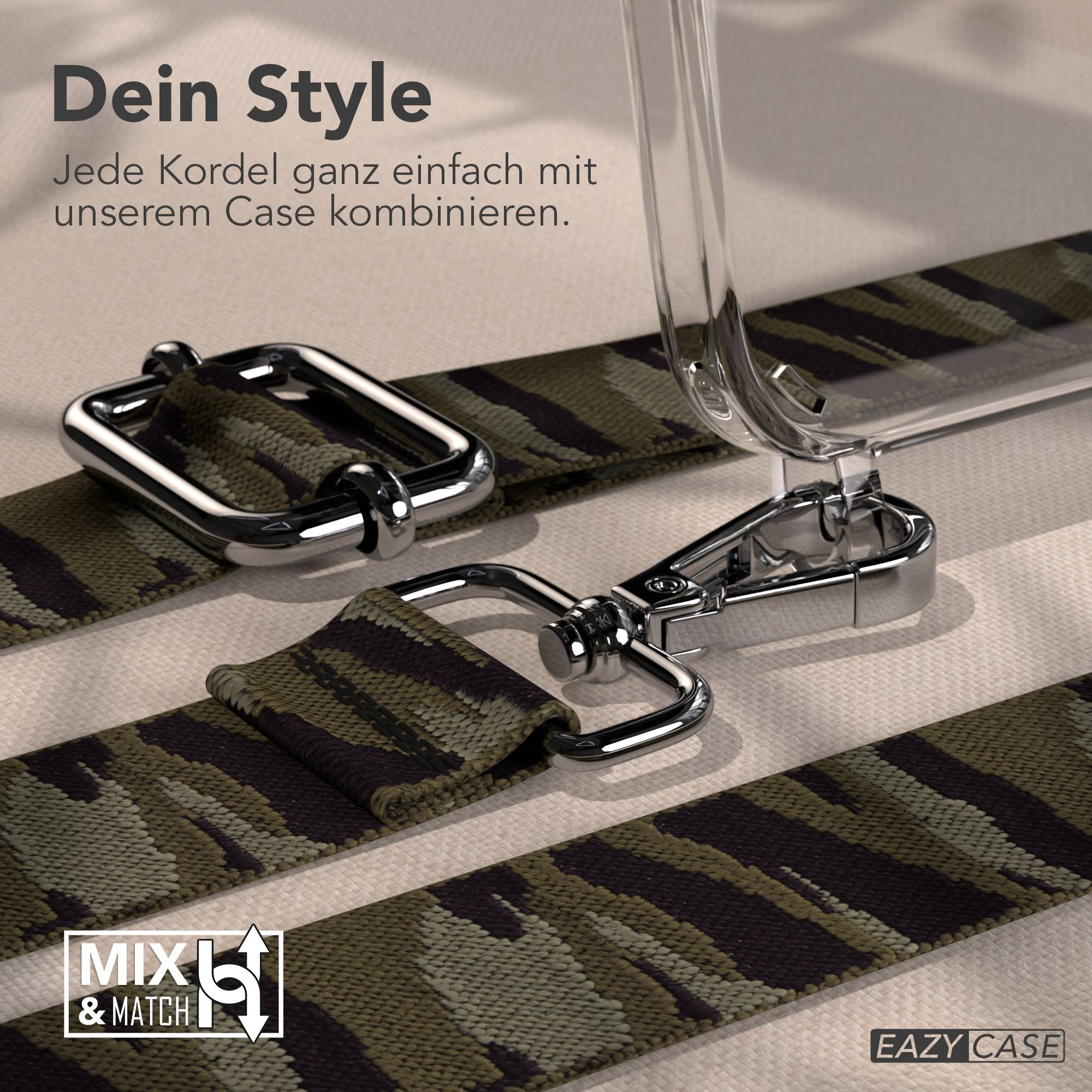 Tarnfarbenes Band mit Metallclips und einer transparenten Handyhülle.