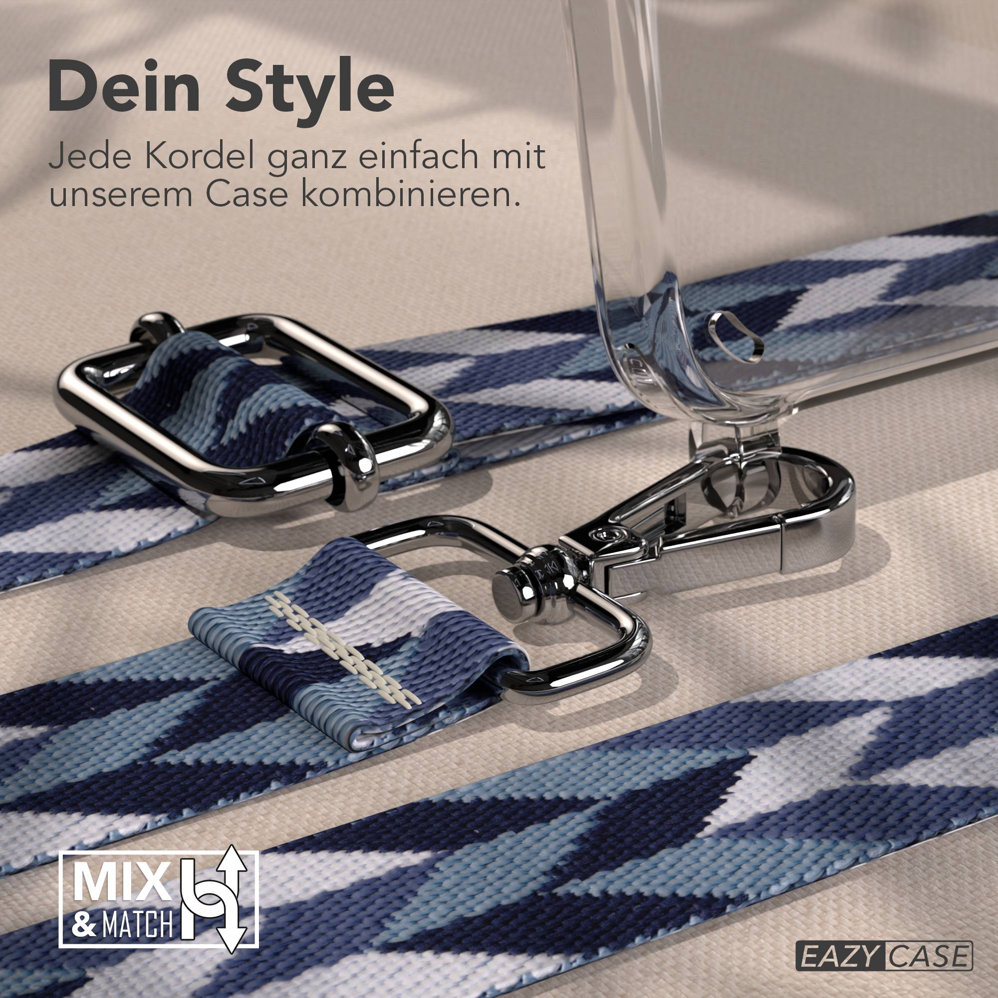 Ein blau gemusterter Gurt mit silbernen Schnallen und einem transparenten Handyhülle-Detail.