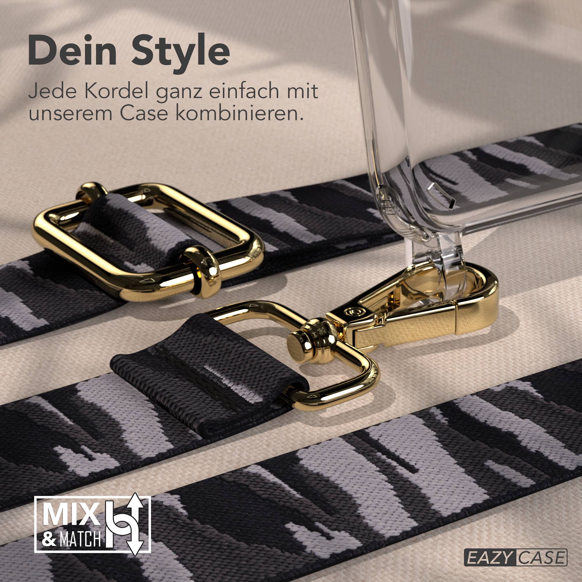 Ein Camouflage-Gurt mit goldenen Verschlüssen und einer Hülle.