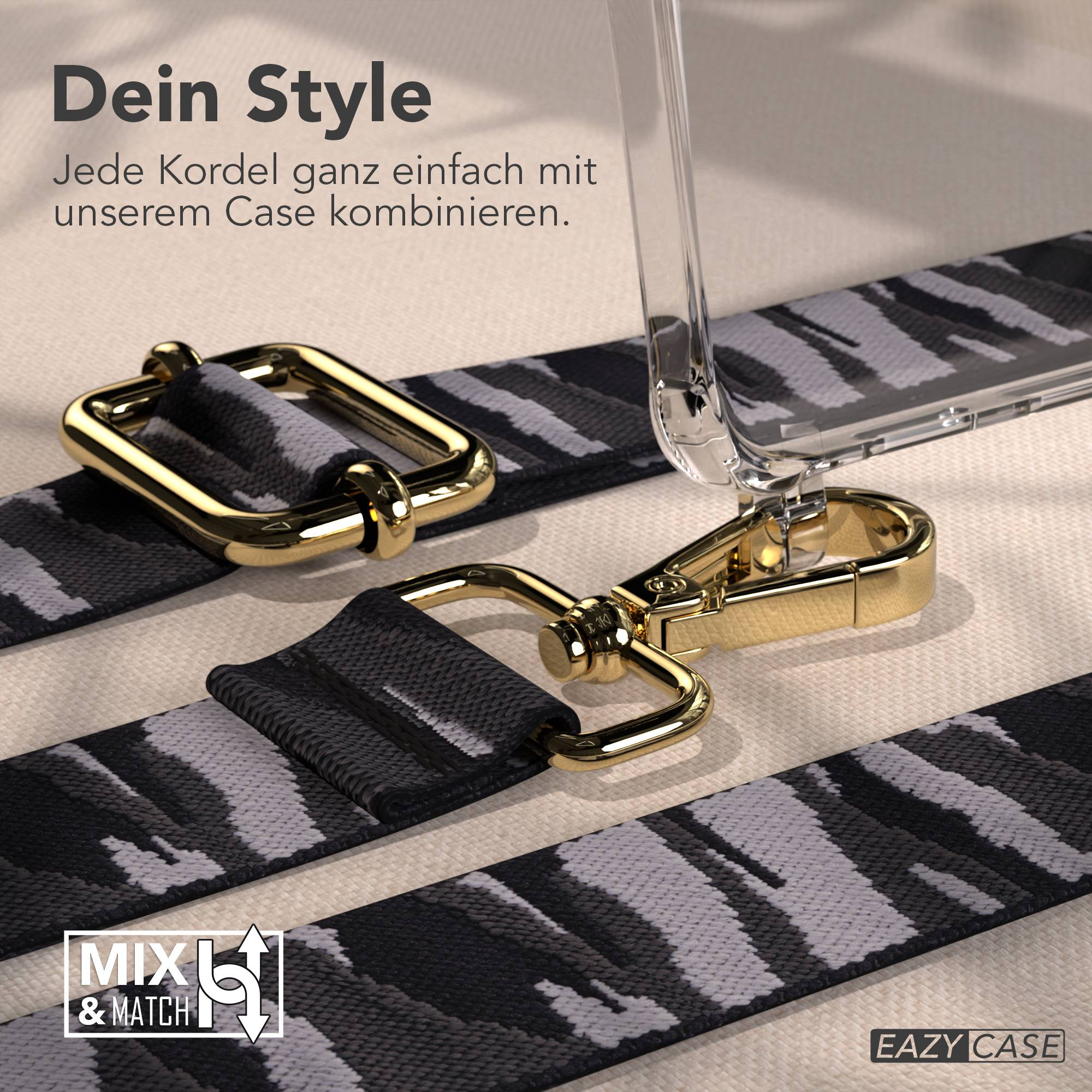 Ein schwarz-graues Camouflage-Band mit goldener Hardware, befestigt an einer Hülle.