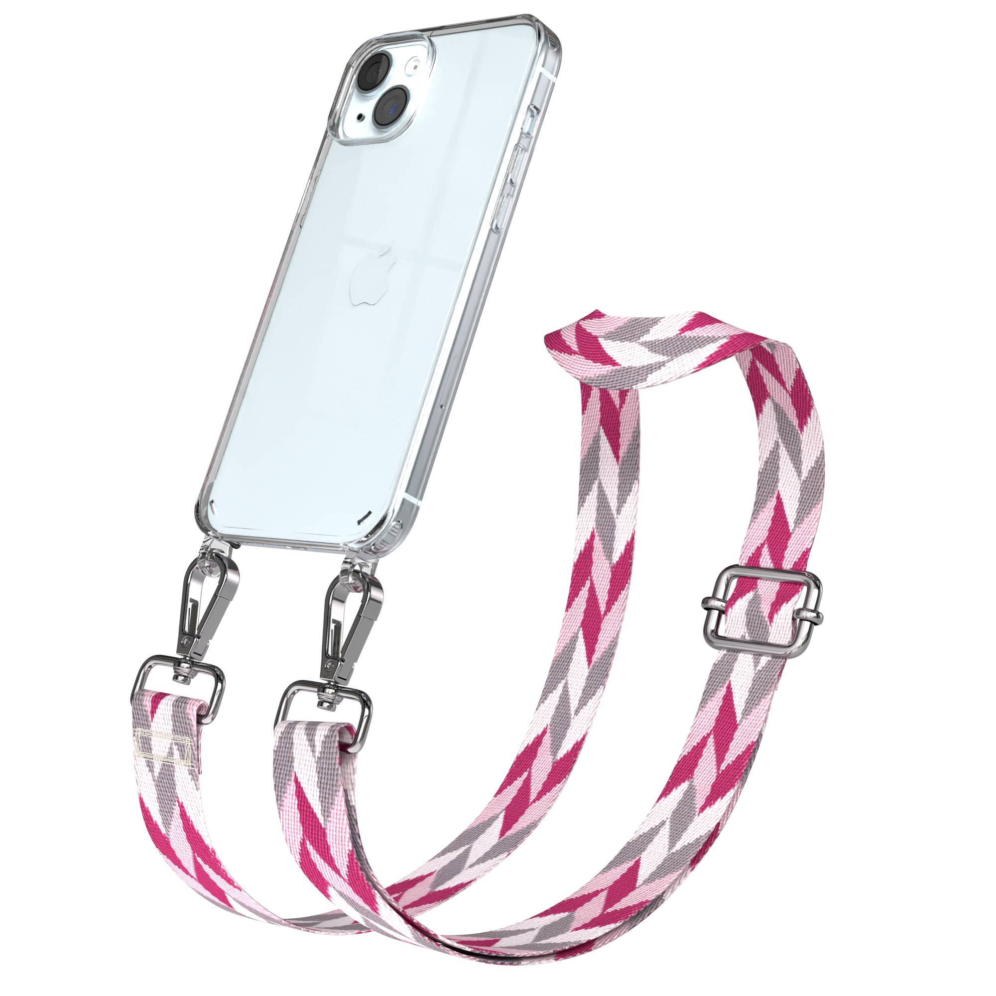 Ein durchsichtiges iPhone mit einem pink-grau gemusterten Gurt und silbernen Schnallen.