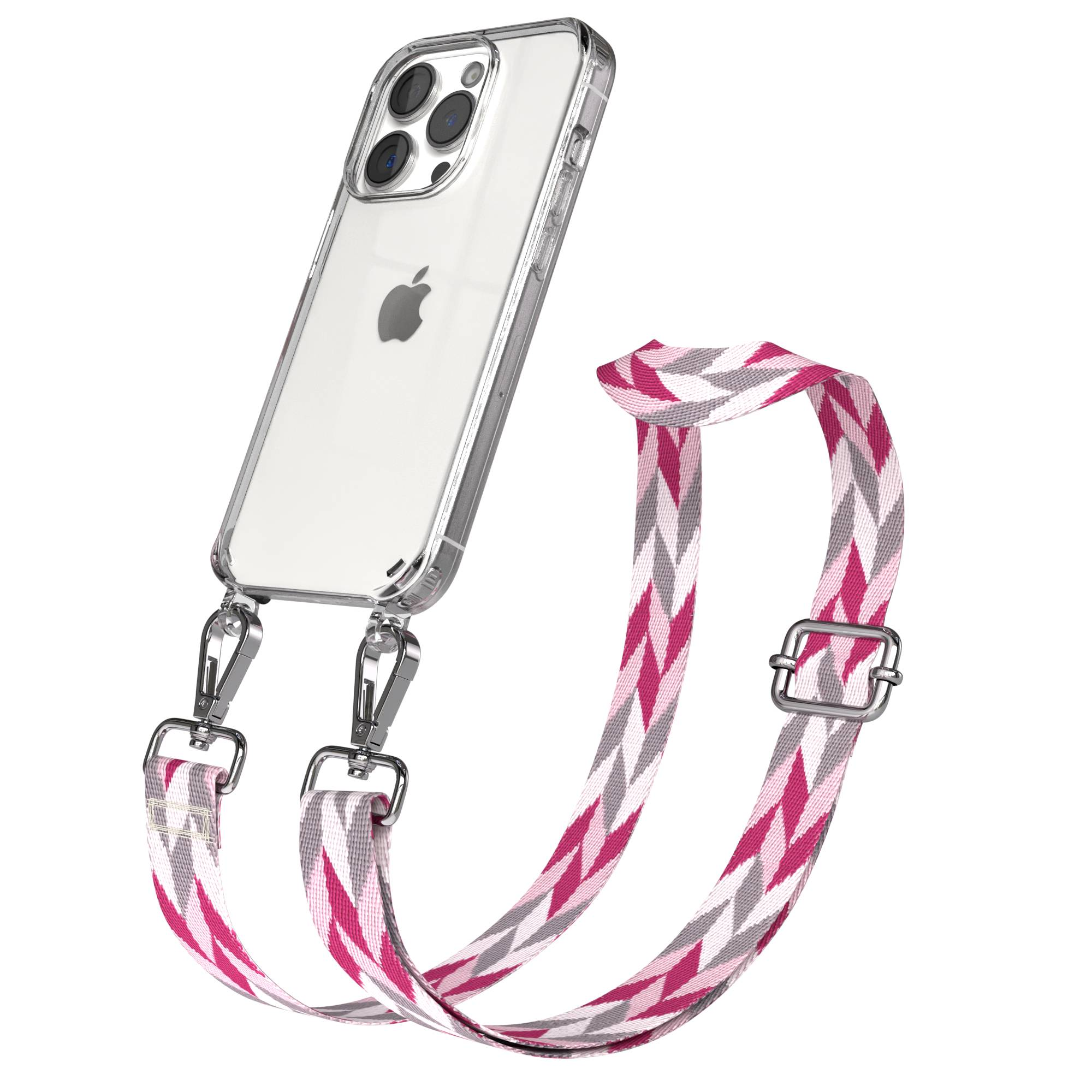 Transparente Hülle für iPhone mit pink-grauem Riemen.