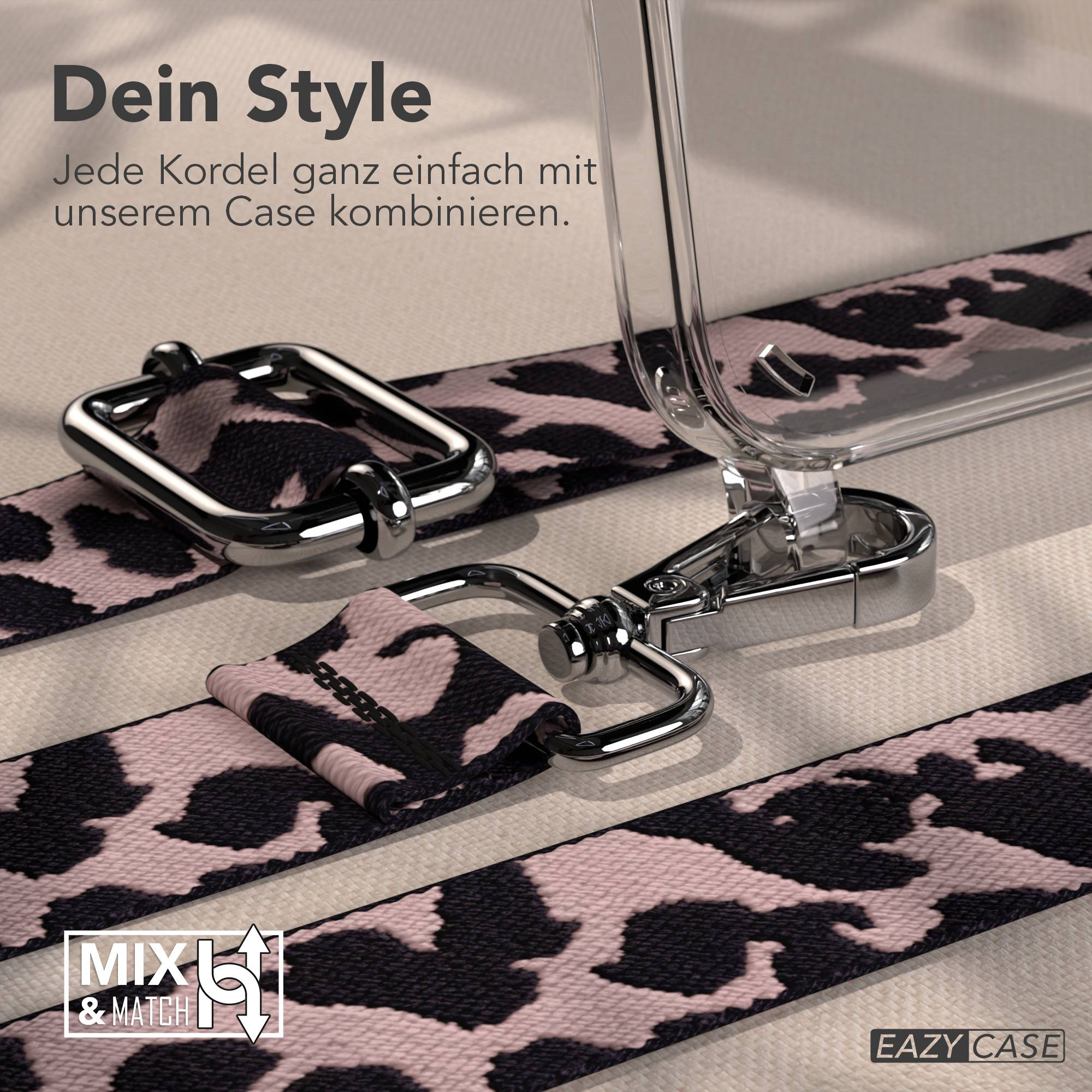 Ein Band im Leopardenmuster mit silbernen Schnallen und einer transparenten Handyhülle.