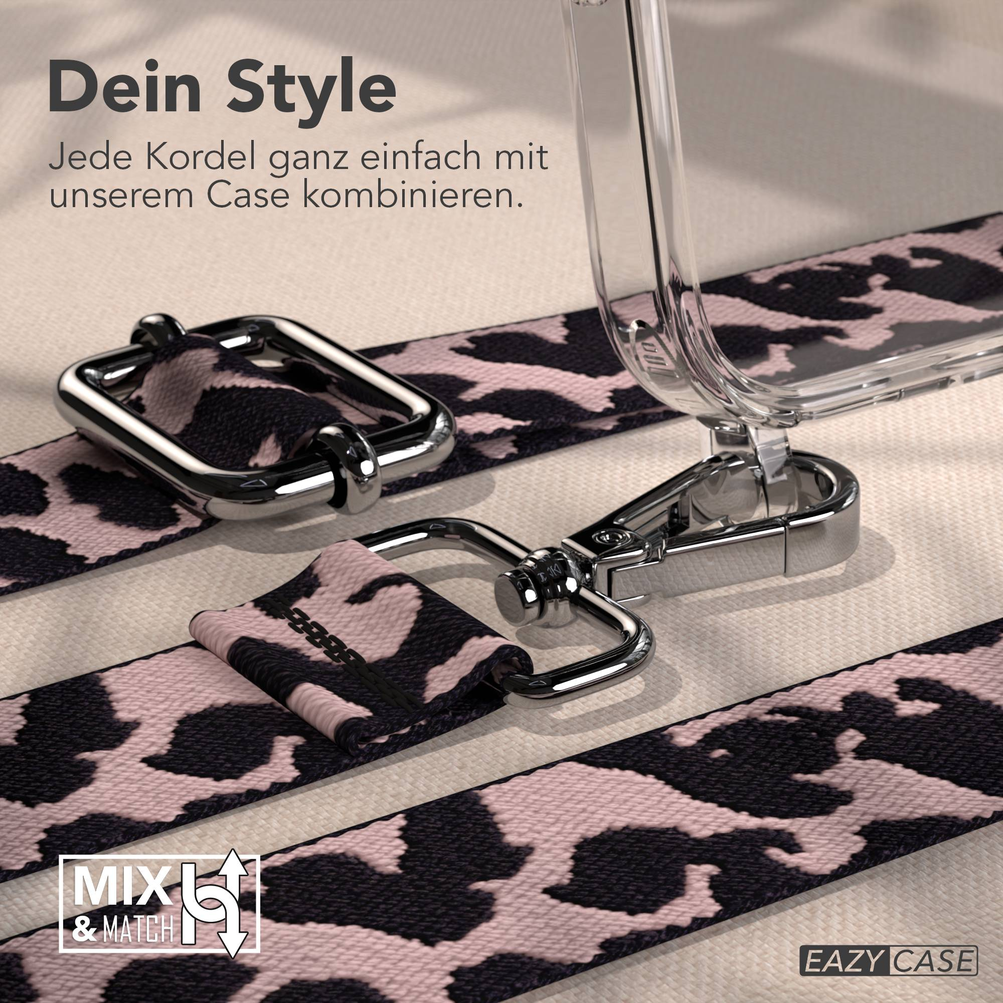 Ein pink-schwarzer Leo-Print-Gurt mit Metallverschlüssen und einer Hülle.