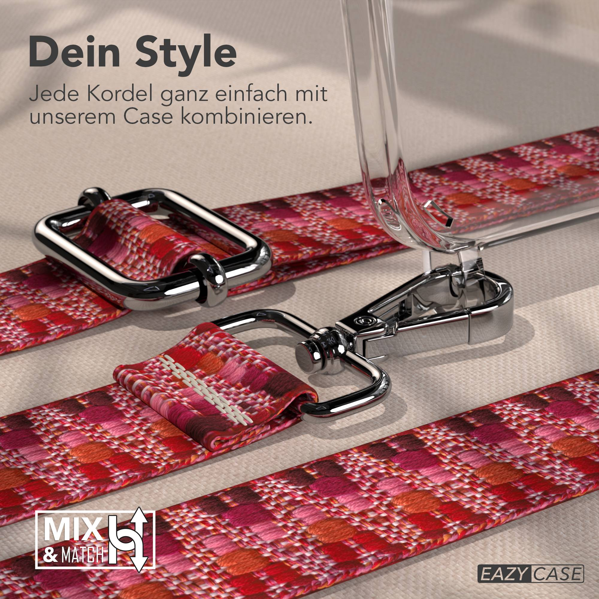 Rot-pink-orange gemustertes Band mit silbernen Verschlüssen und Halterung für Hülle.