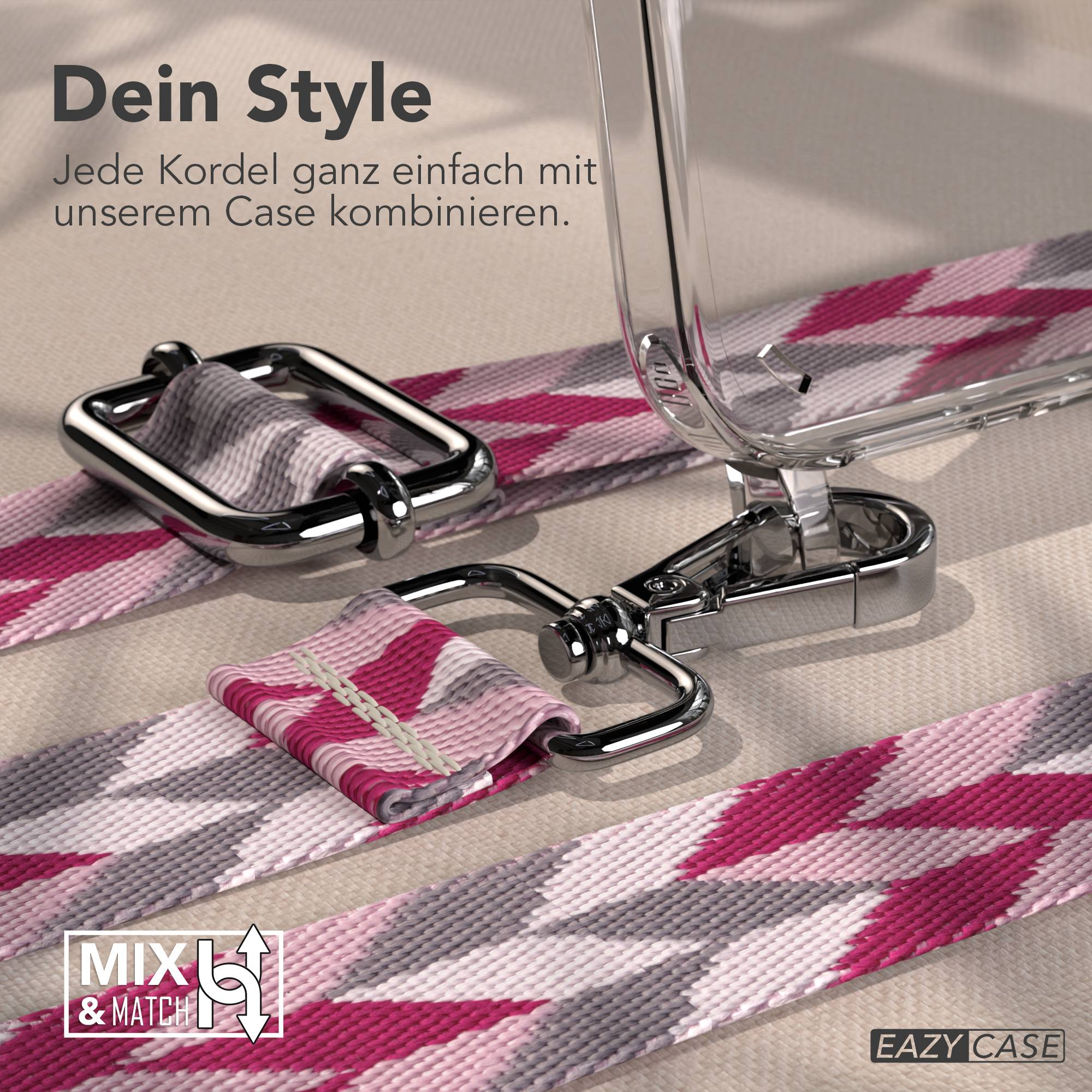 Ein silberner Karabinerhaken und eine Schlaufe an einem gemusterten Band mit einem transparenten Case.