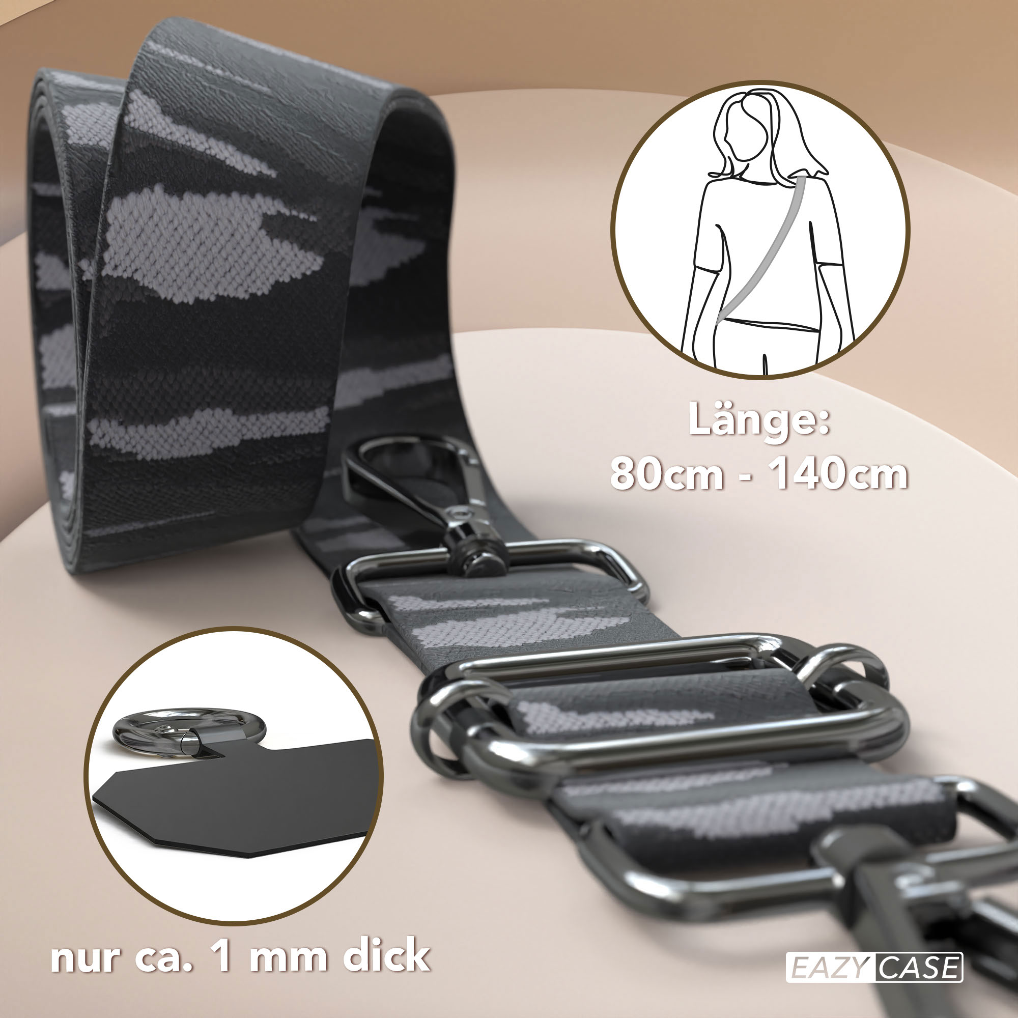 Graues Tarnmuster-Gurtband mit silbernen Schnallen und Clips, 80-140cm lang.
