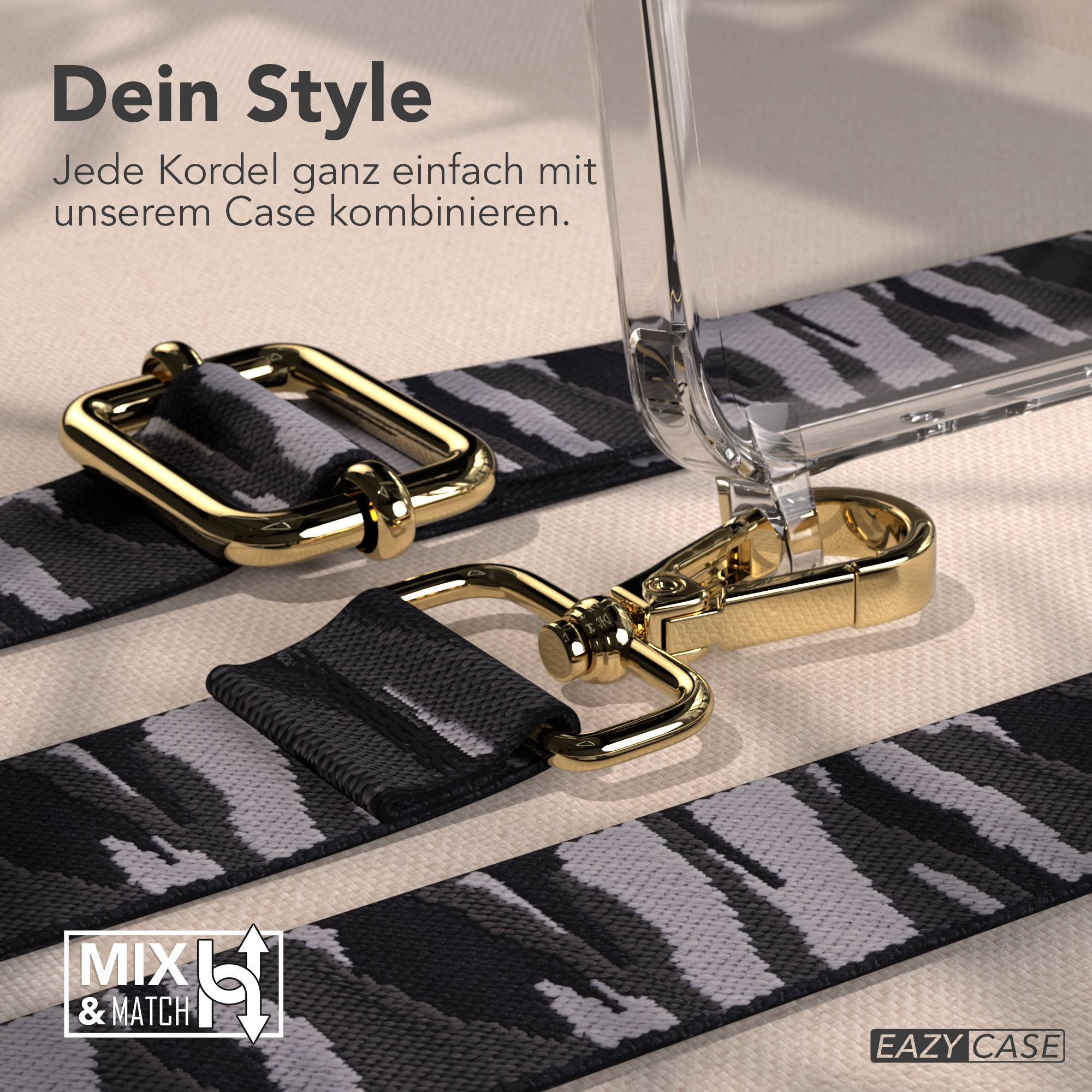 Eine durchsichtige Handyhülle mit schwarzem und grauem Tarnriemen und goldener Hardware.