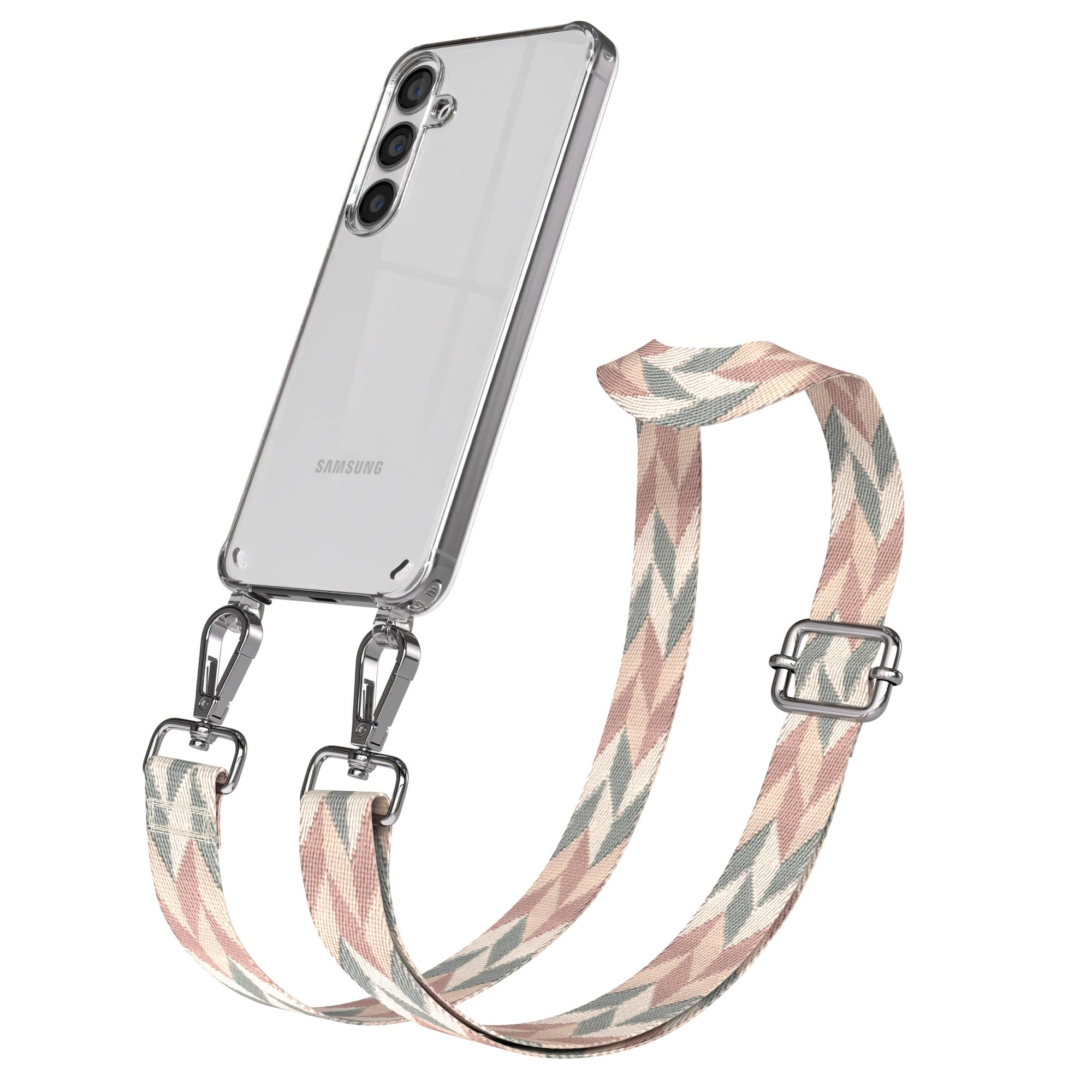 Transparente Handyhülle mit gemustertem Gurt in Rosa, Grün und Beige Zickzack.