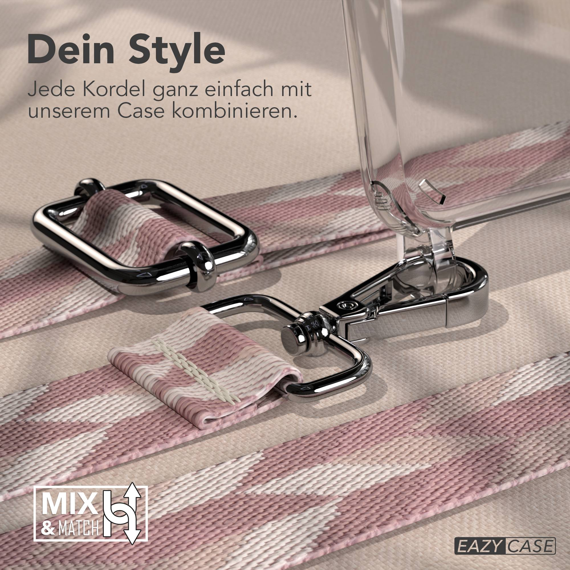 Klare Handyhülle mit rosa-weiß gemustertem Band und silberner Hardware.