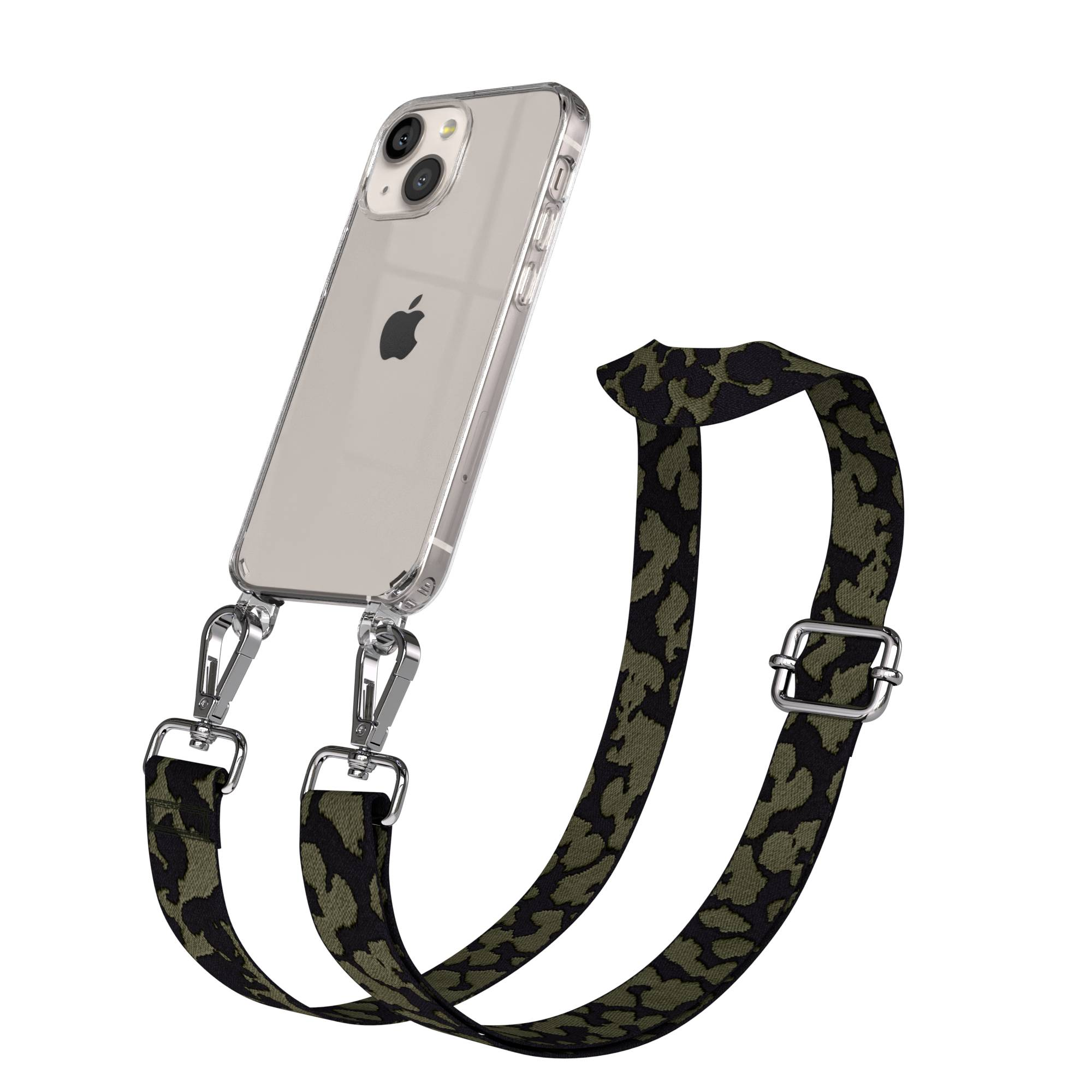 Eine durchsichtige Handyhülle mit Camouflage-Gurt wird vor weißem Hintergrund gezeigt.