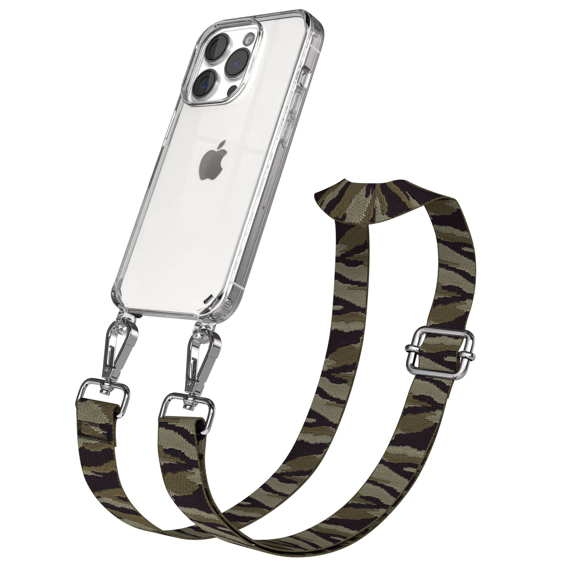 Ein transparentes iPhone mit Tarnband und silbernen Karabinerhaken