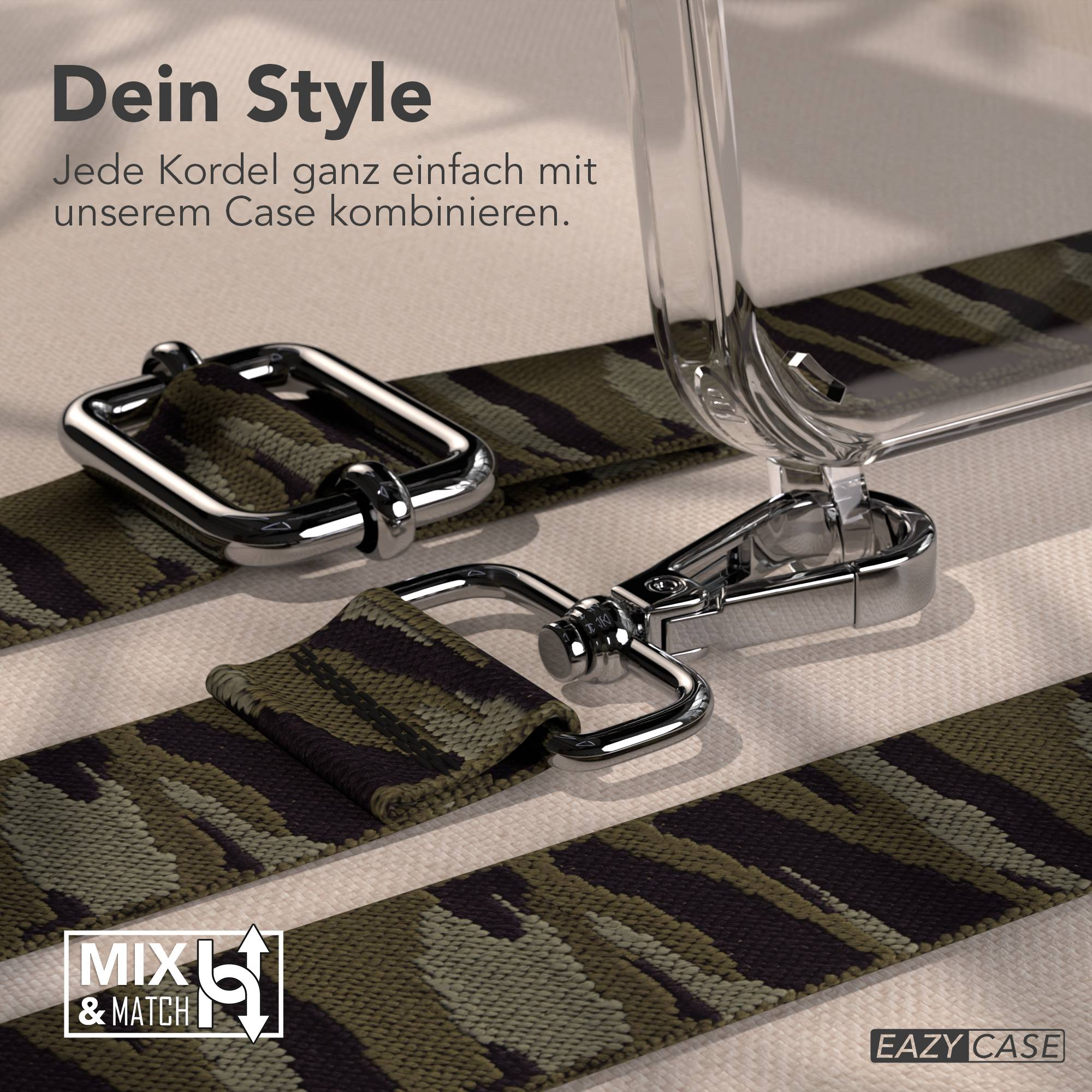 Ein Camouflage-Band mit silbernen Beschlägen und einem transparenten Handyhüllen-Detail.