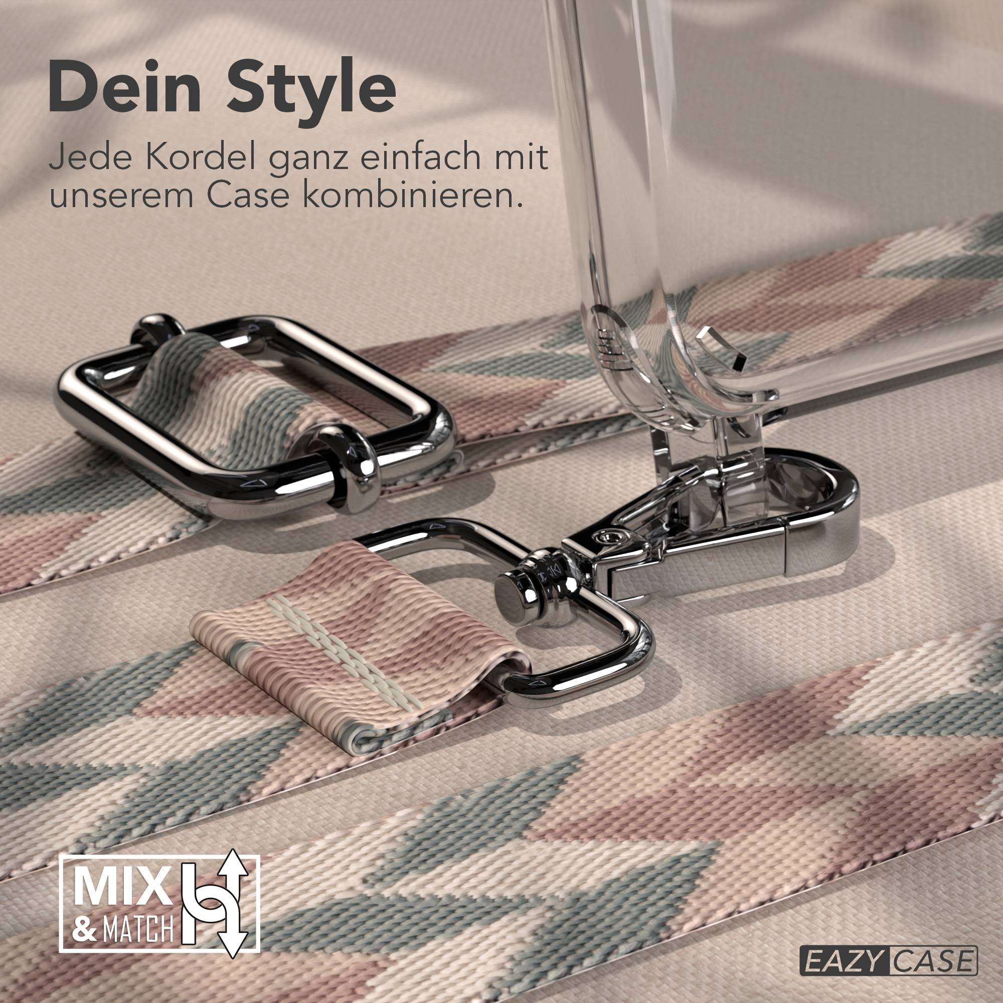 Ein Handyhülle mit einem bunten Band und silbernen Beschlägen.
