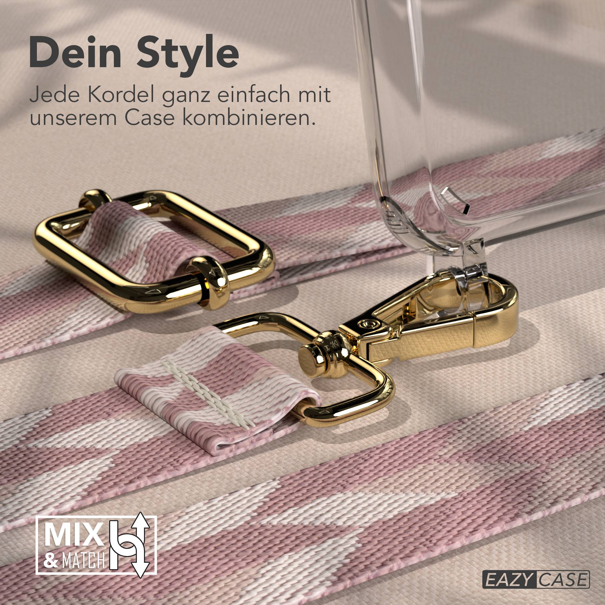 Ein pink-weiß gemustertes Band mit goldener Hardware und Hülle.