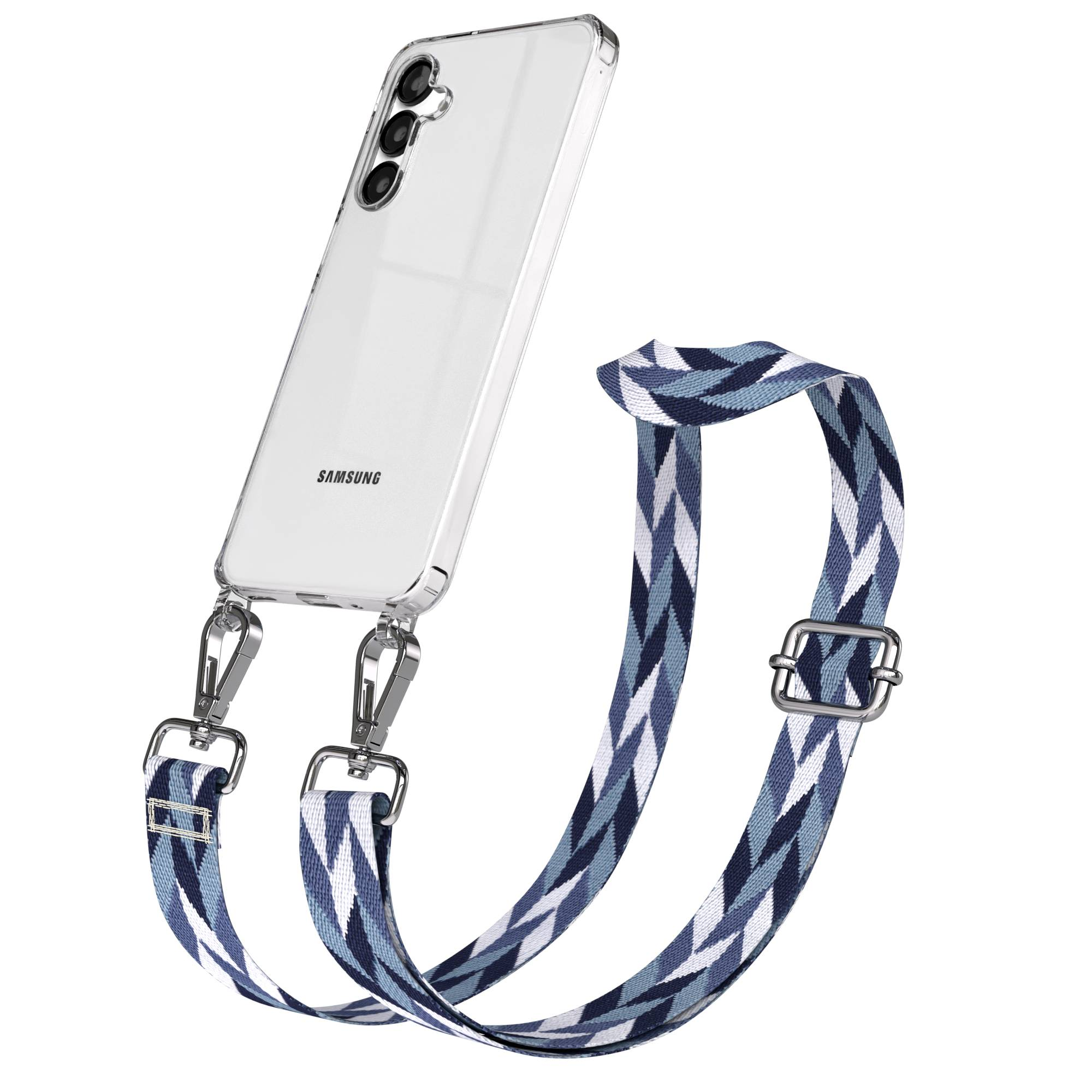 Klare Samsung Handyhülle mit blau-weiß gemustertem Riemen an silbernen Clips.