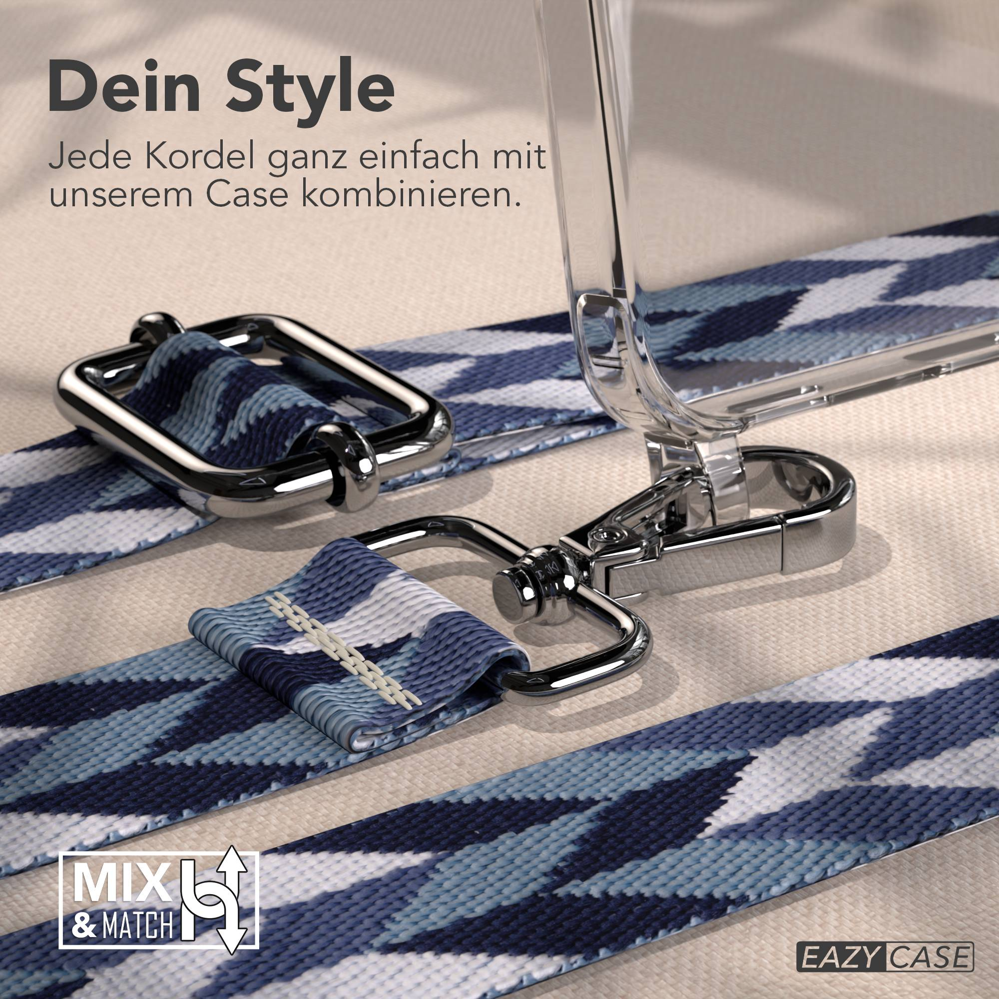 Ein blauer und weißer Bandriemen mit silbernen Schnallen, der an einem transparenten Kasten befestigt ist.