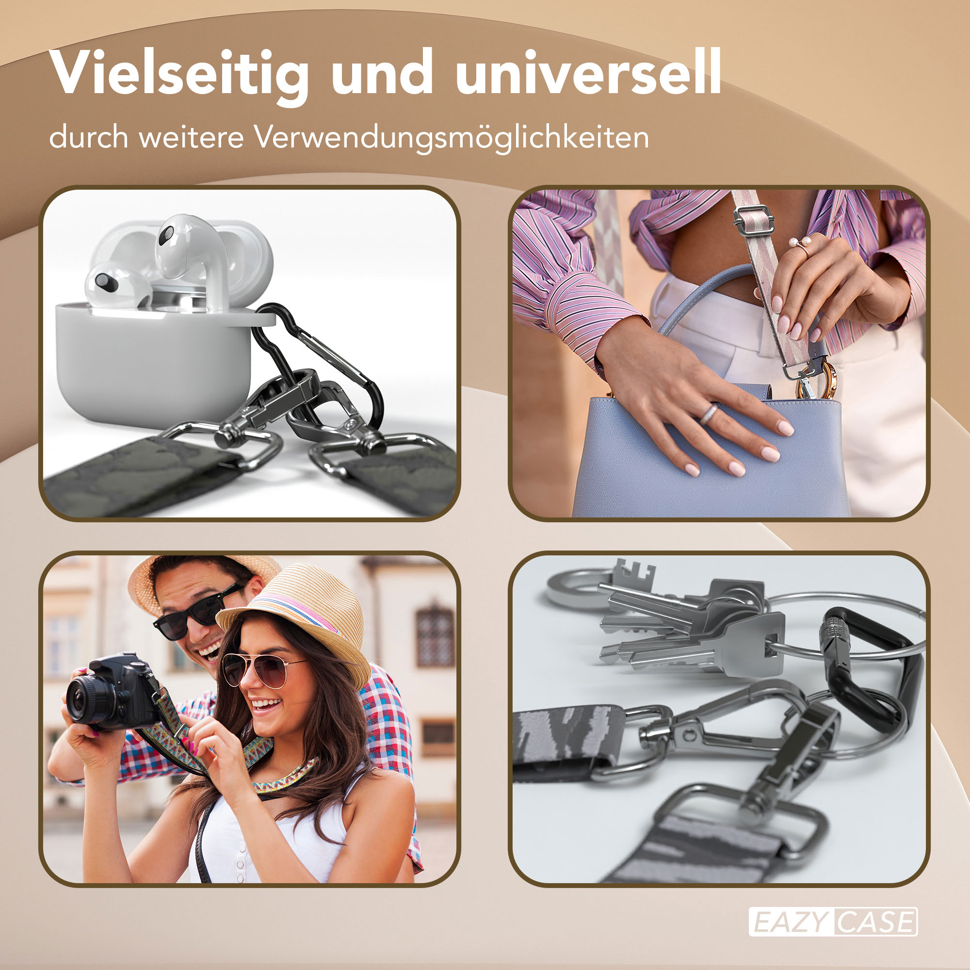 Collage von Artikeln: weiße Ohrhörer in Hülle, Hand hält blaue Tasche, Paar macht Foto, Schlüssel mit Karabiner.
