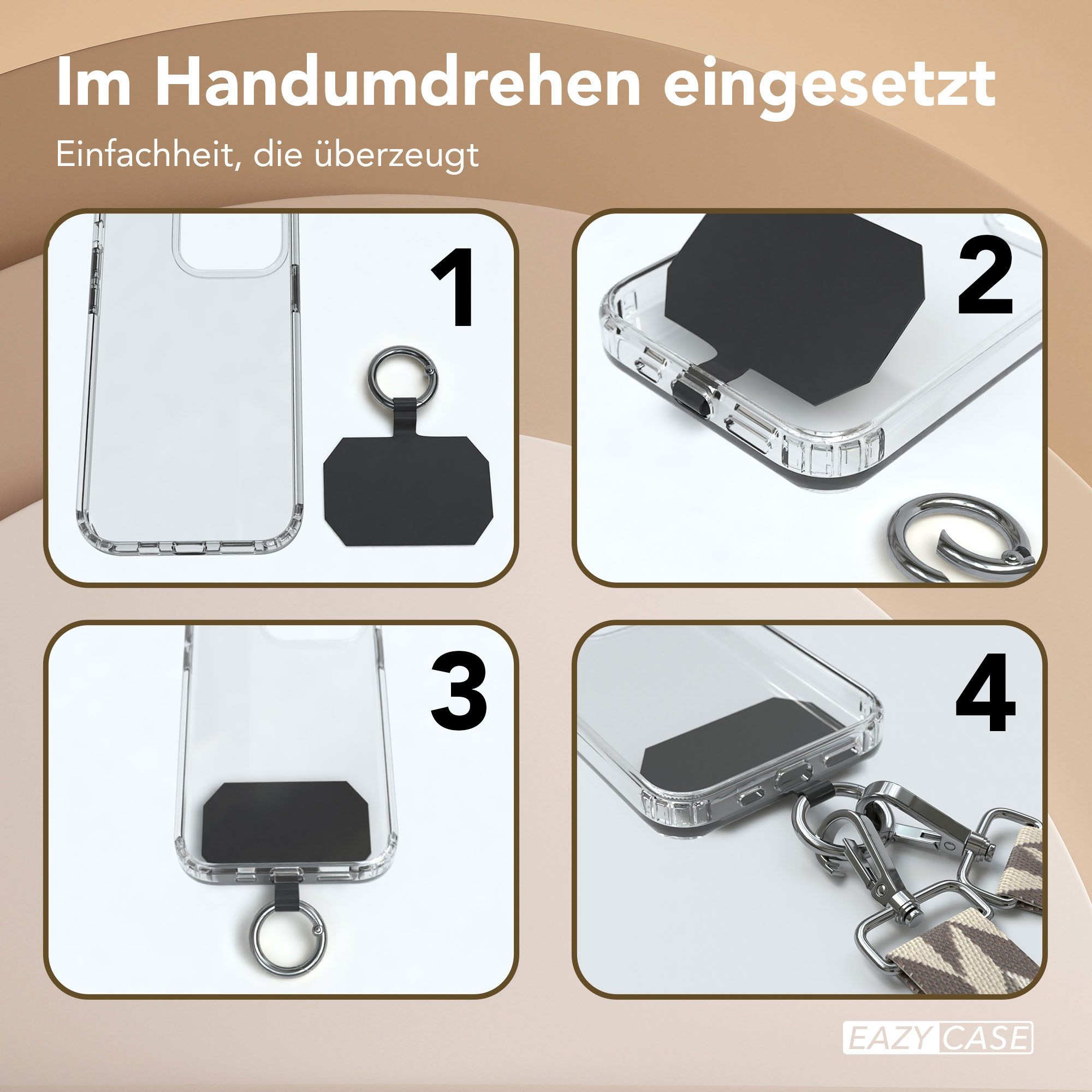 Schritt-für-Schritt-Anleitung zur Anbringung eines Handy-Lanyards an einer Hülle.