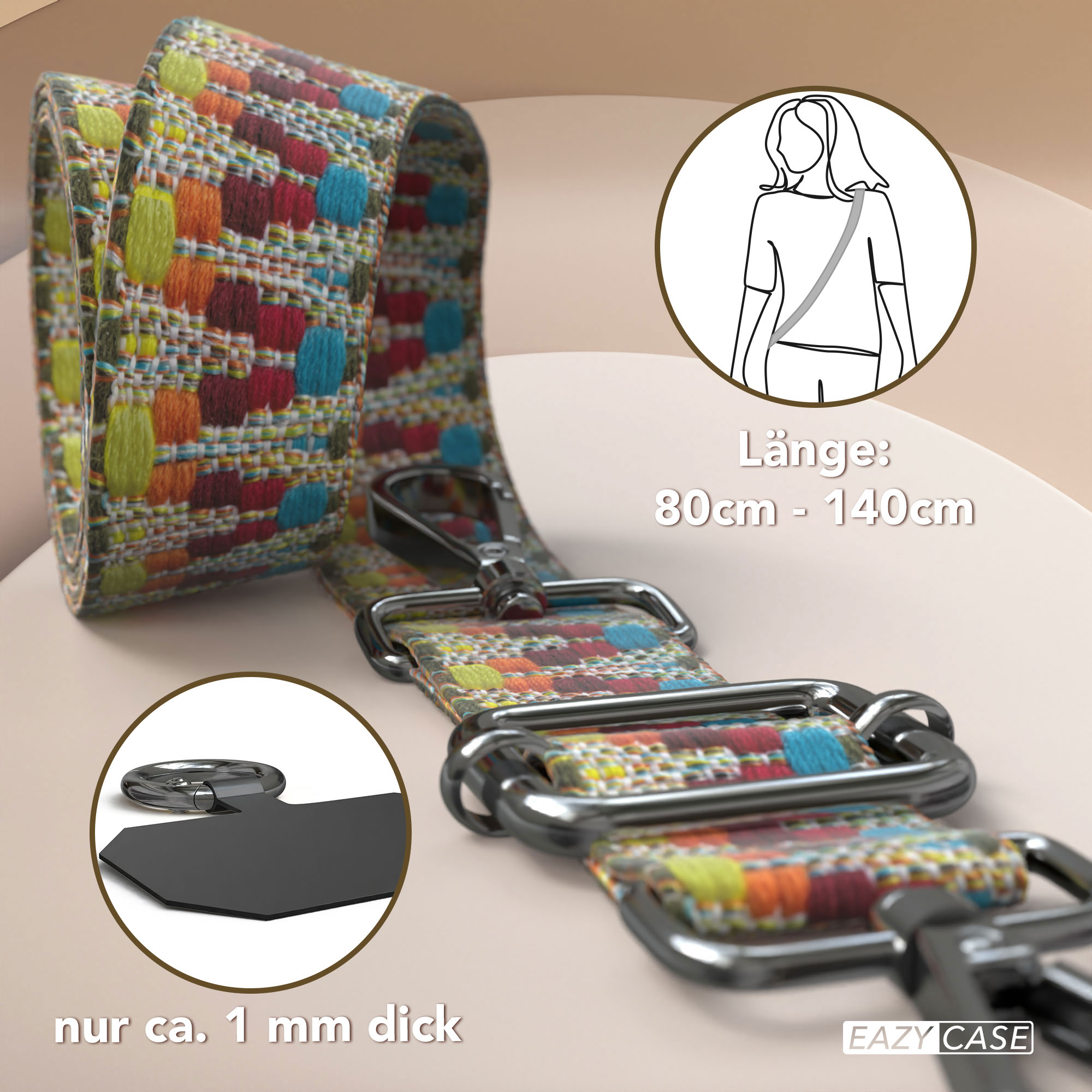 Bunter Gurt mit Metallkarabinern, Längenangabe 80-140cm.