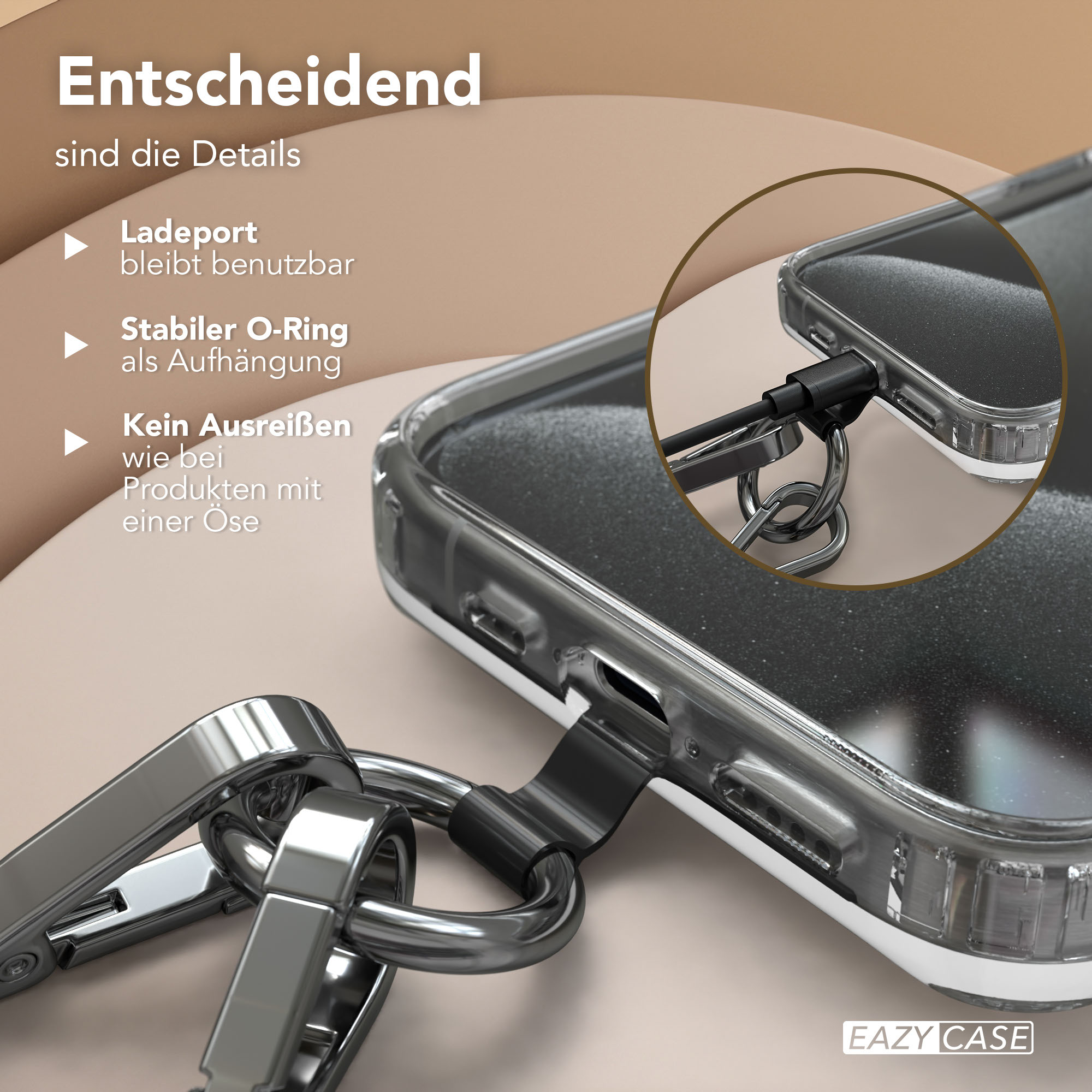 Handyhülle mit Ladeanschluss und Metall-O-Ring zur Befestigung. EAZY CASE Logo.