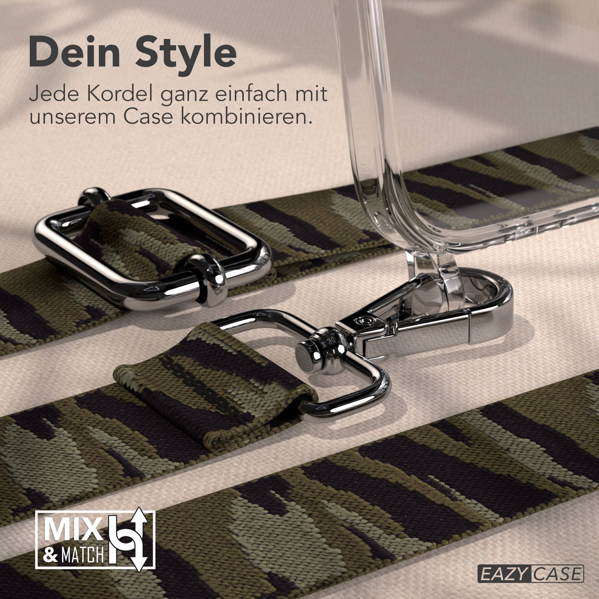 Tarnfarbenes Band mit silbernen Schnallen und einem transparenten Handyhülle-Detail.