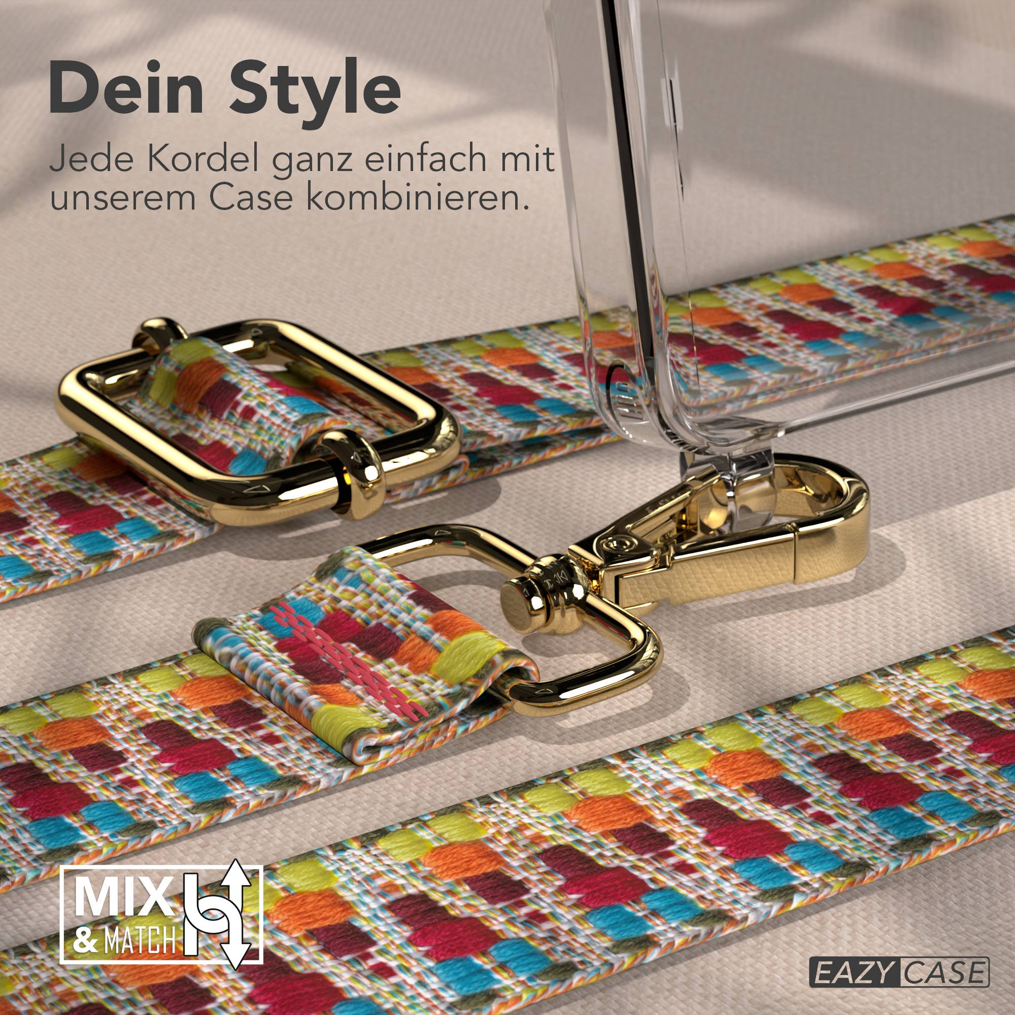 Bunte Kordel mit goldenen Clips und transparentem Handyhülle-Detail.