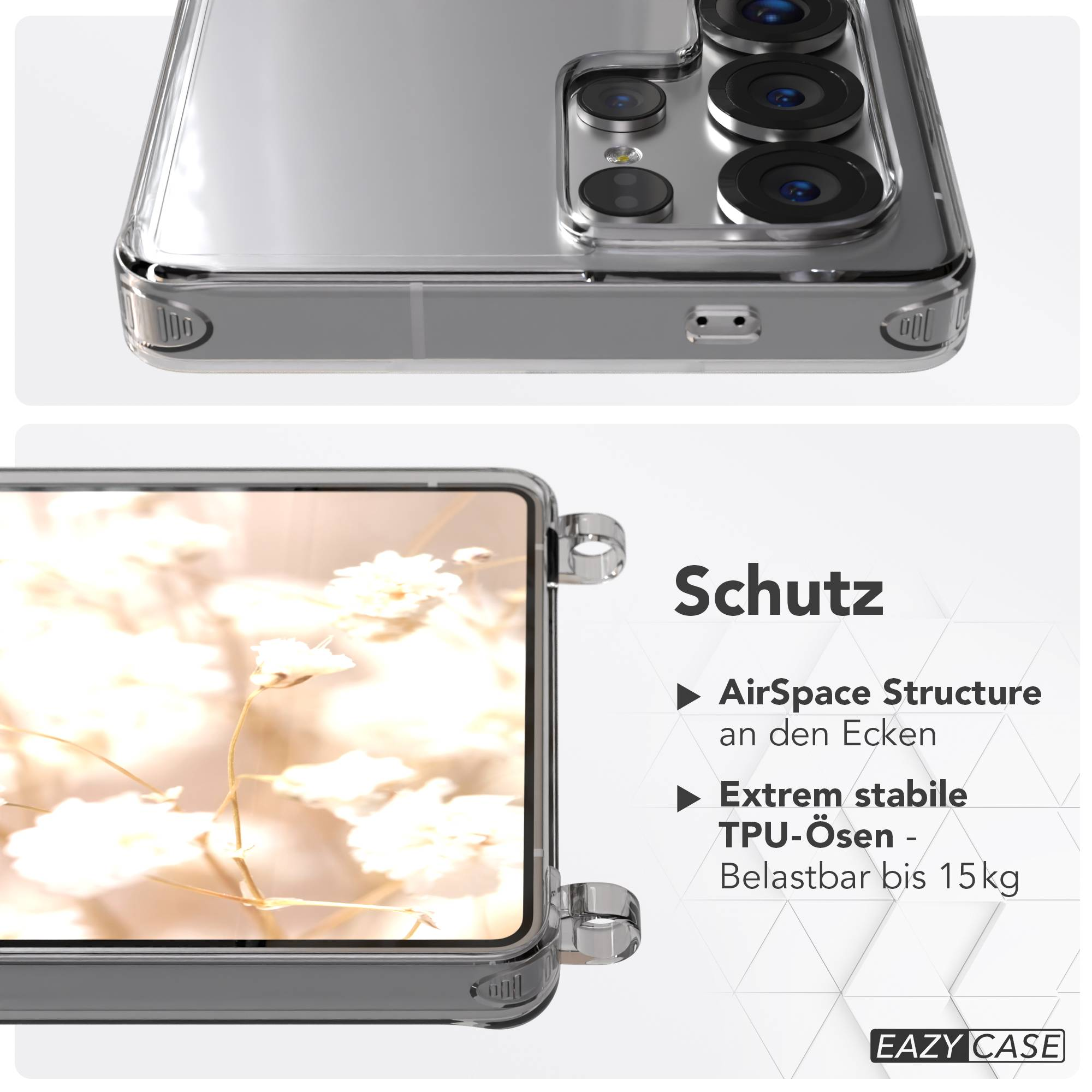 Transparente Handyhülle mit Kameraansicht und floralem Hintergrund.