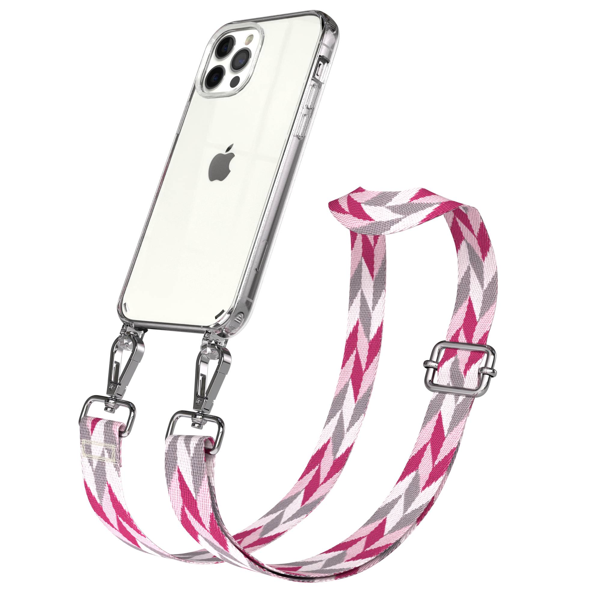 Ein transparentes iPhone-Case mit einem pink-grau gemusterten Gurt, der mit Metallclips befestigt ist.
