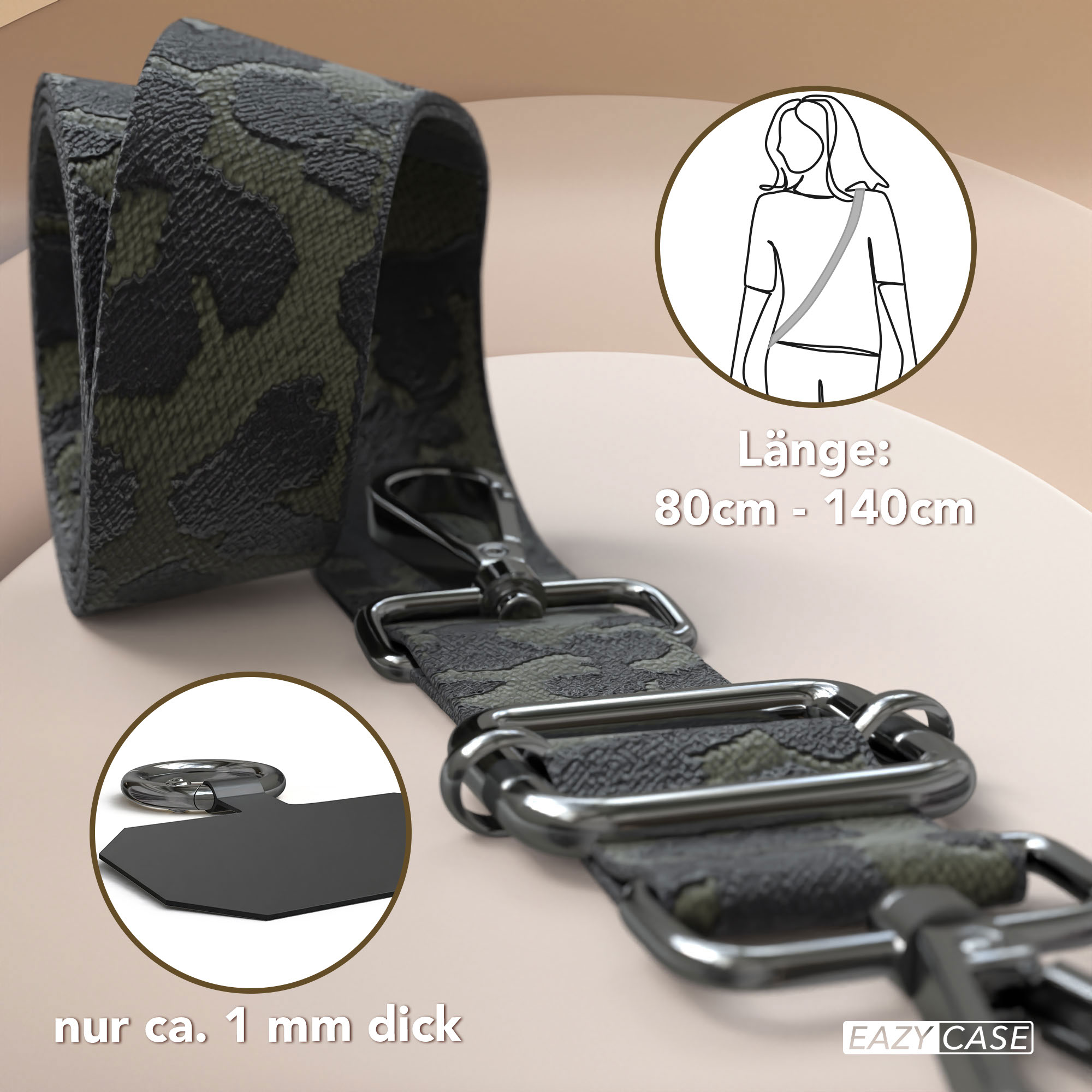 Camouflage-Gurt mit silbernen Schnallen und Beschlägen, 80-140cm lang, 1mm dick.