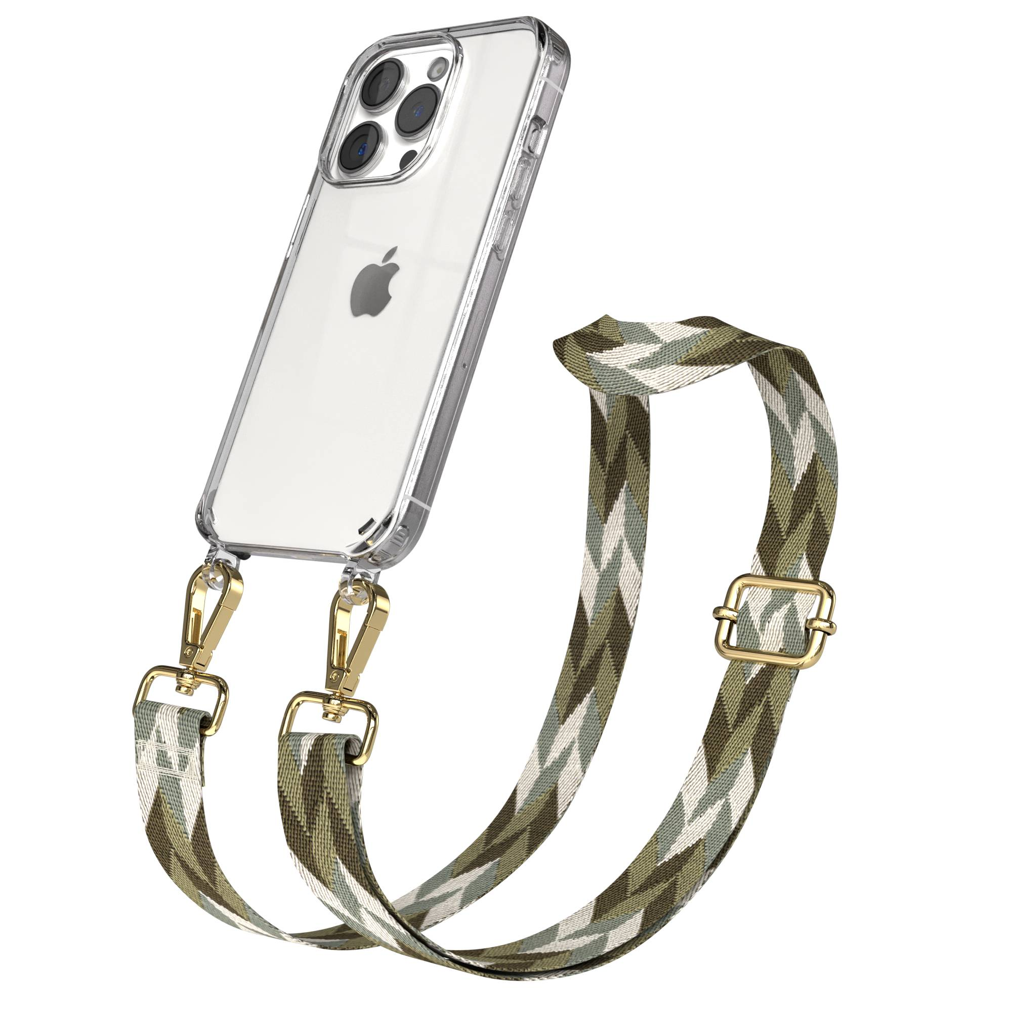 Eine durchsichtige iPhone-Hülle mit einem gemusterten Riemen mit grünen, weißen und beigen Zickzacklinien.