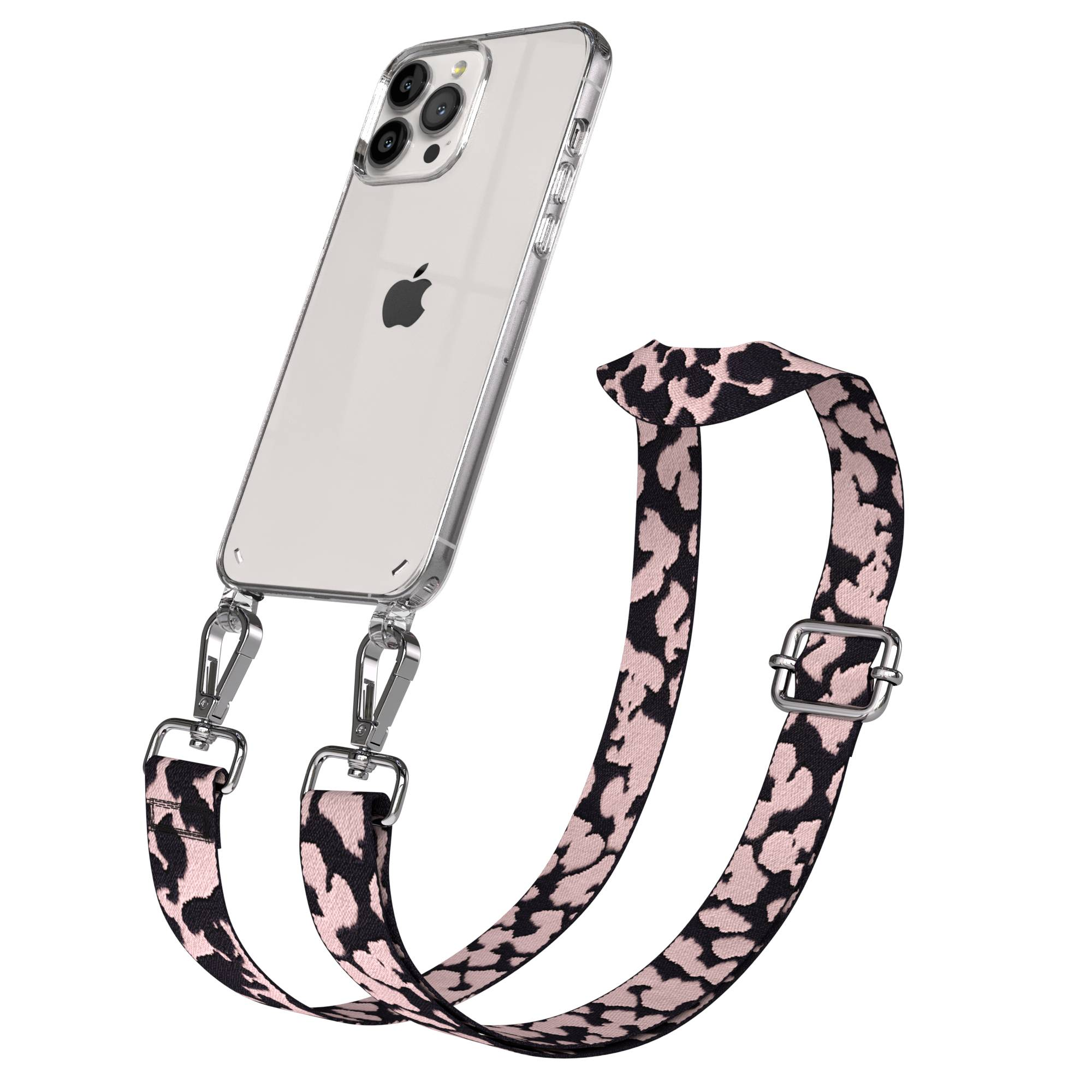 Transparente iPhone-Hülle mit Leopardenmuster-Riemen und silbernen Verschlüssen.