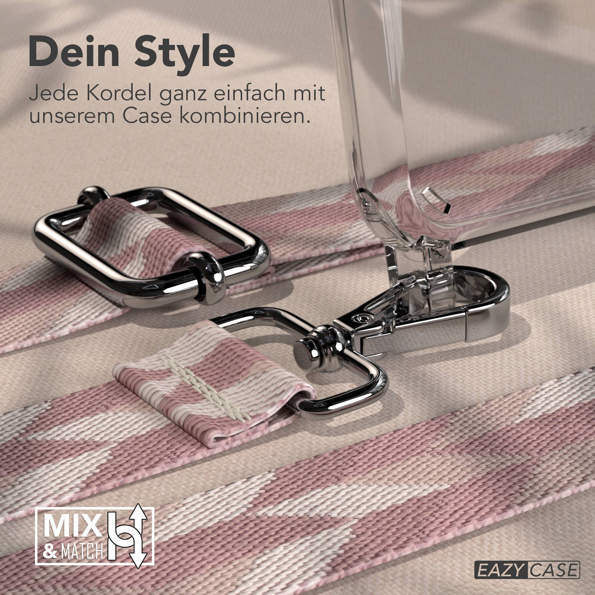 Ein rosa und weiß gemustertes Band mit silbernen Verschlüssen, befestigt an einer Hülle.