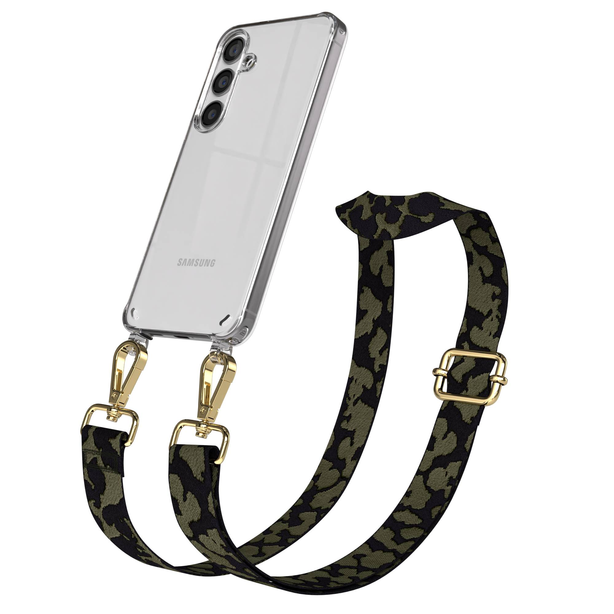 Klare Handyhülle mit Leopardenmuster-Gurt und goldener Hardware.