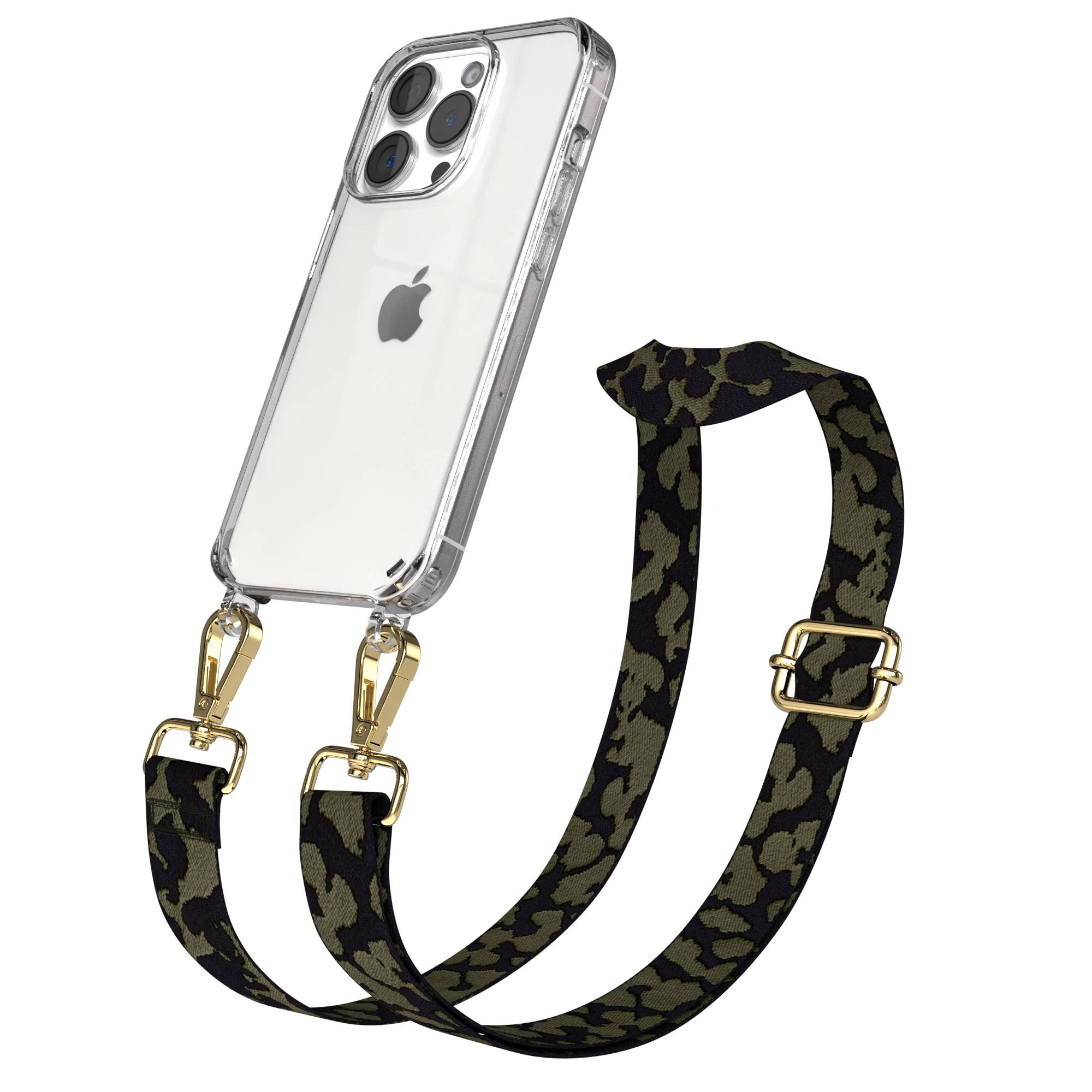 Ein transparentes Handyhülle mit Leopardenmuster-Trageband und goldenen Clips.