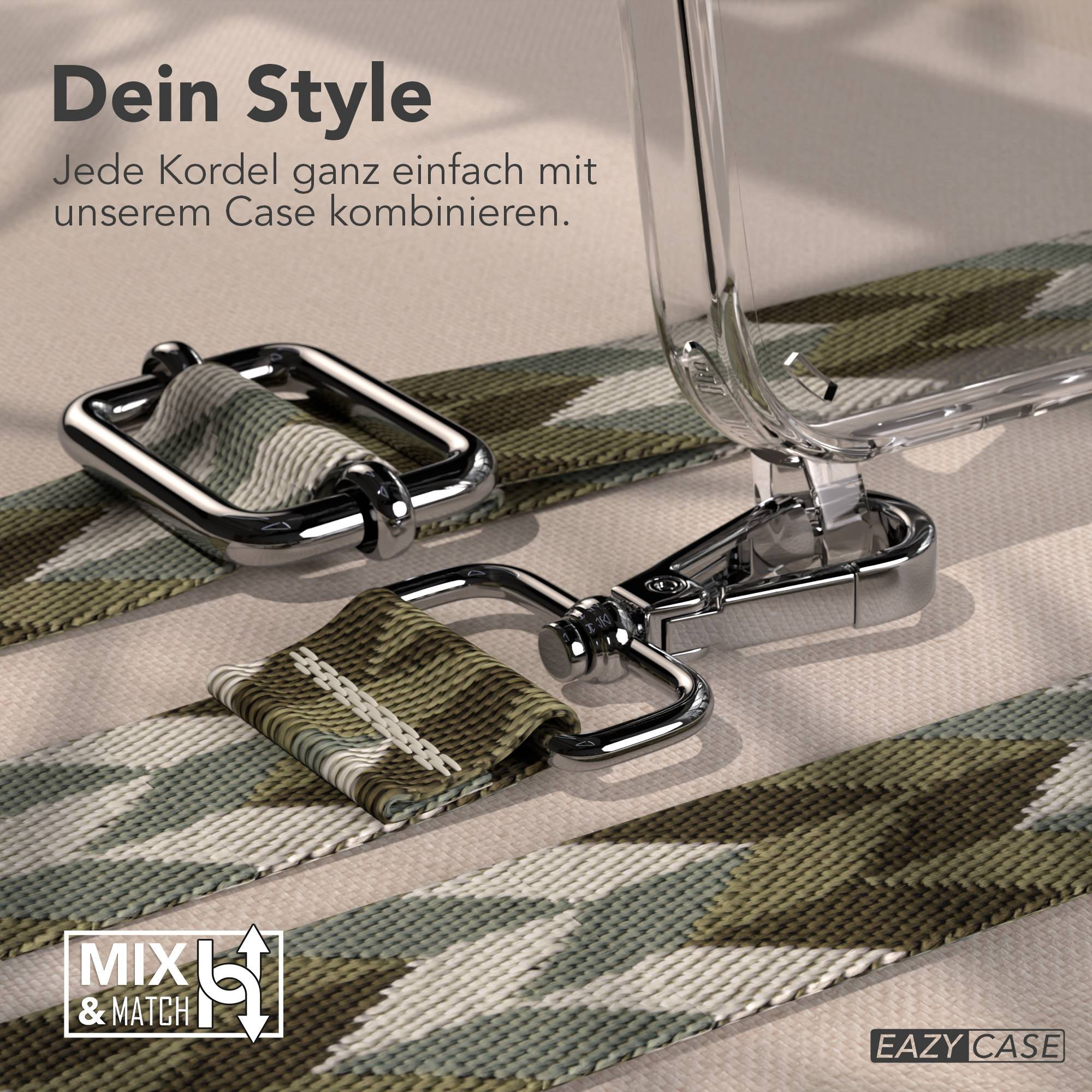 Ein durchsichtiger Handyhülle mit Kordel in Camouflage-Muster und silbernen Beschlägen.