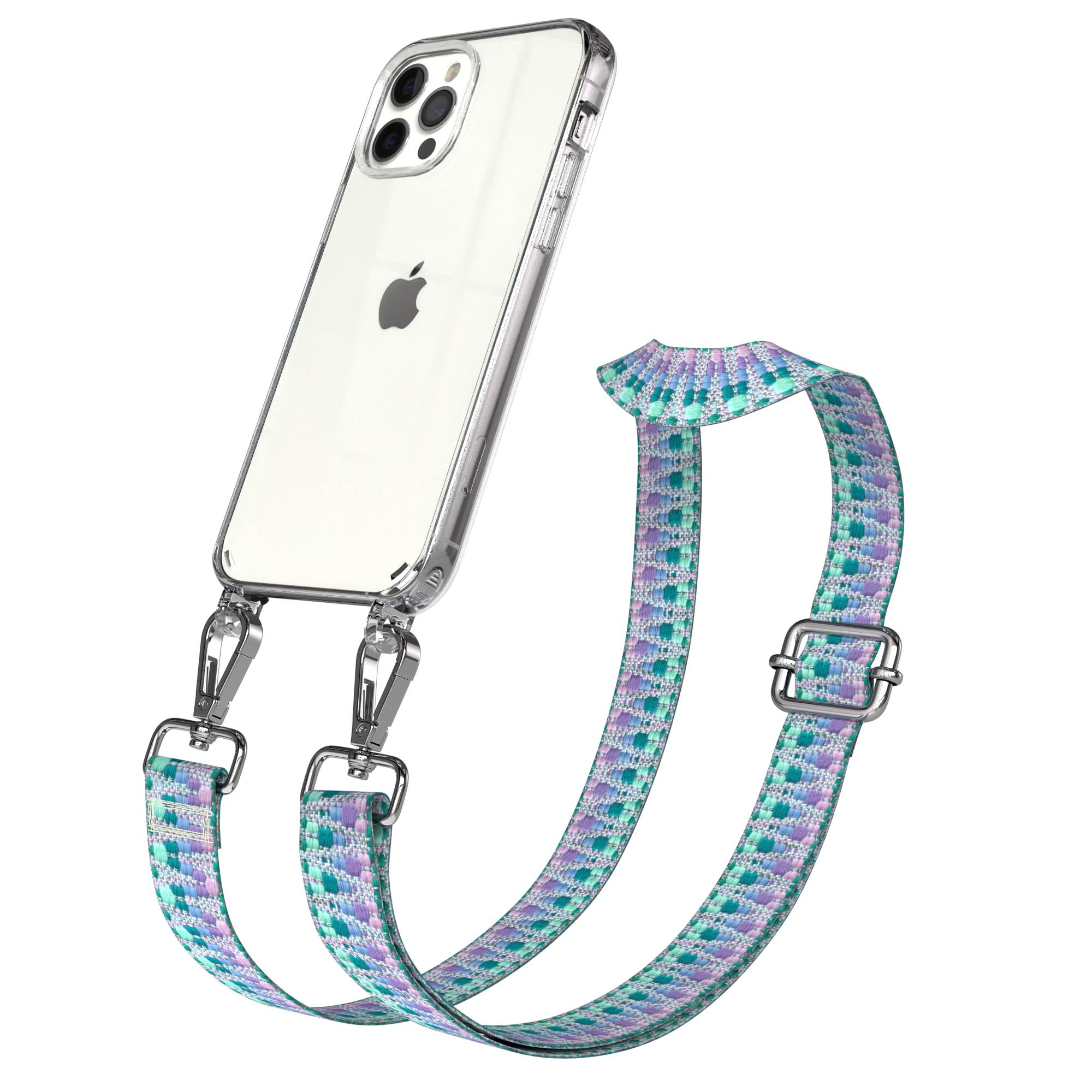 Ein durchsichtiges iPhone mit einem bunten Trageband in Lila, Grün und Blau.